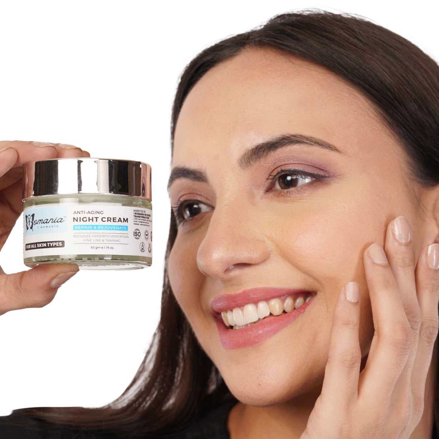Anti Aging Night Cream in a jar, woman showcasing the product for rejuvenating skincare overnight.