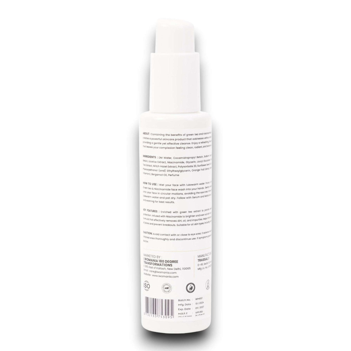 Face Wash with Green Tea and Niacinamide, 100 ml bottle, suitable for all skin types.