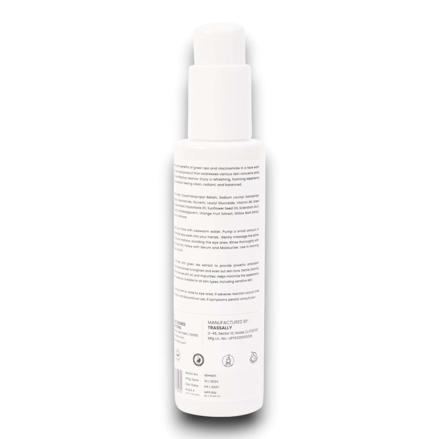 Niacinamide Facewash 100 ml bottle with clear label, designed for clearer and healthier skin, enriched with green tea.