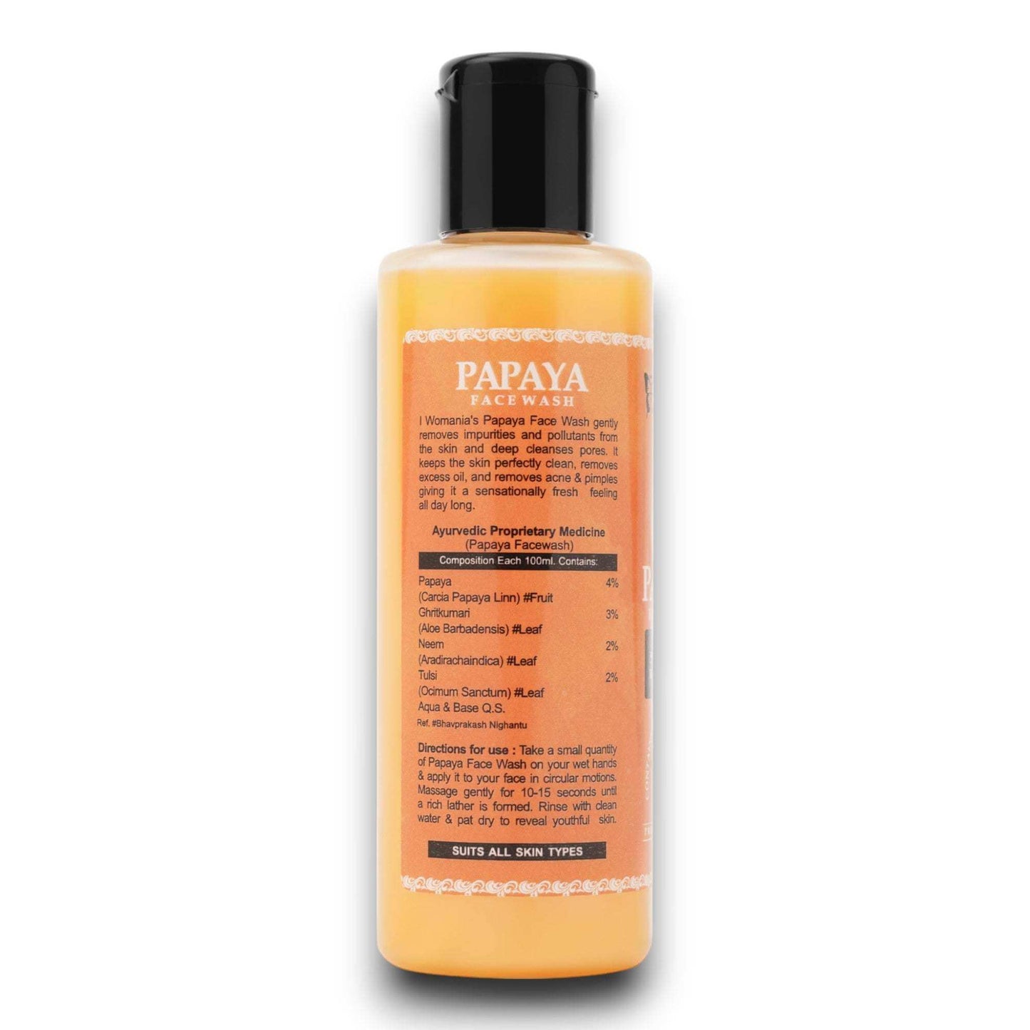 Papaya Facewash bottle designed for deep cleansing and tan removal, suitable for all skin types.
