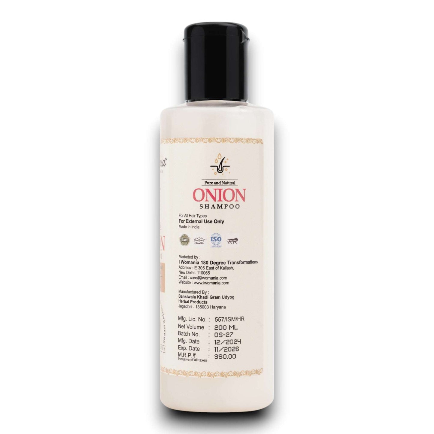 200 ml bottle of Ayurvedic Onion Shampoo with in-built conditioner for dandruff prevention and healthy scalp.