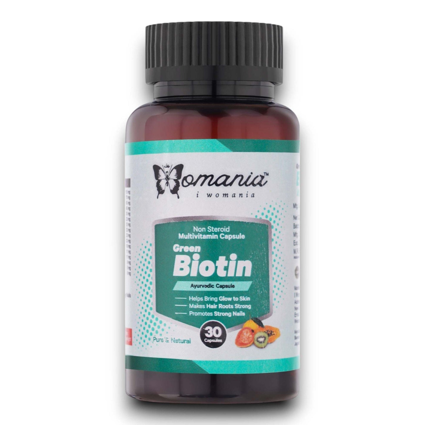 Green Biotin capsules for skin, hair, and nail health, 30 count.
