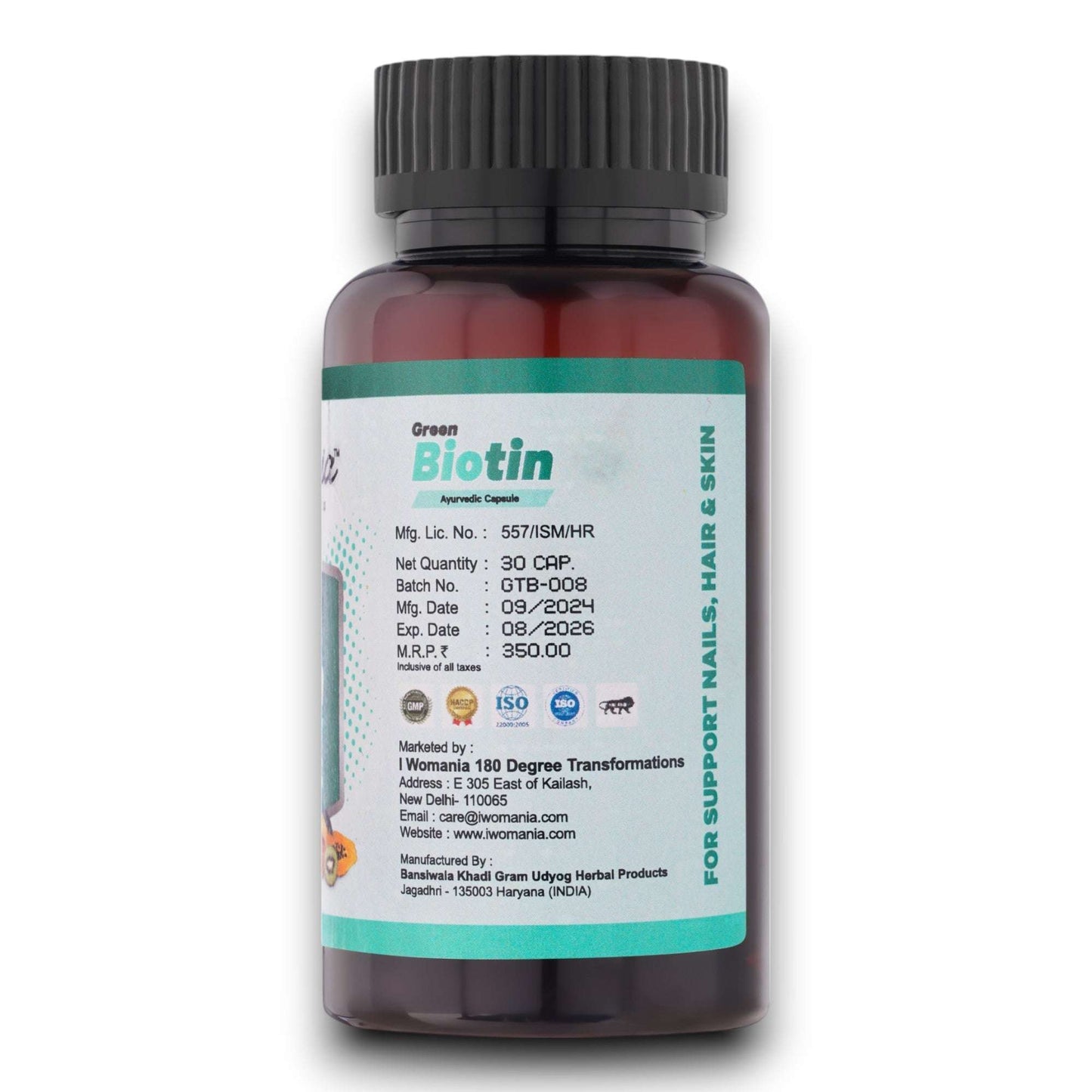 Green Biotin capsules for hair, skin, and nail health, 30 count.