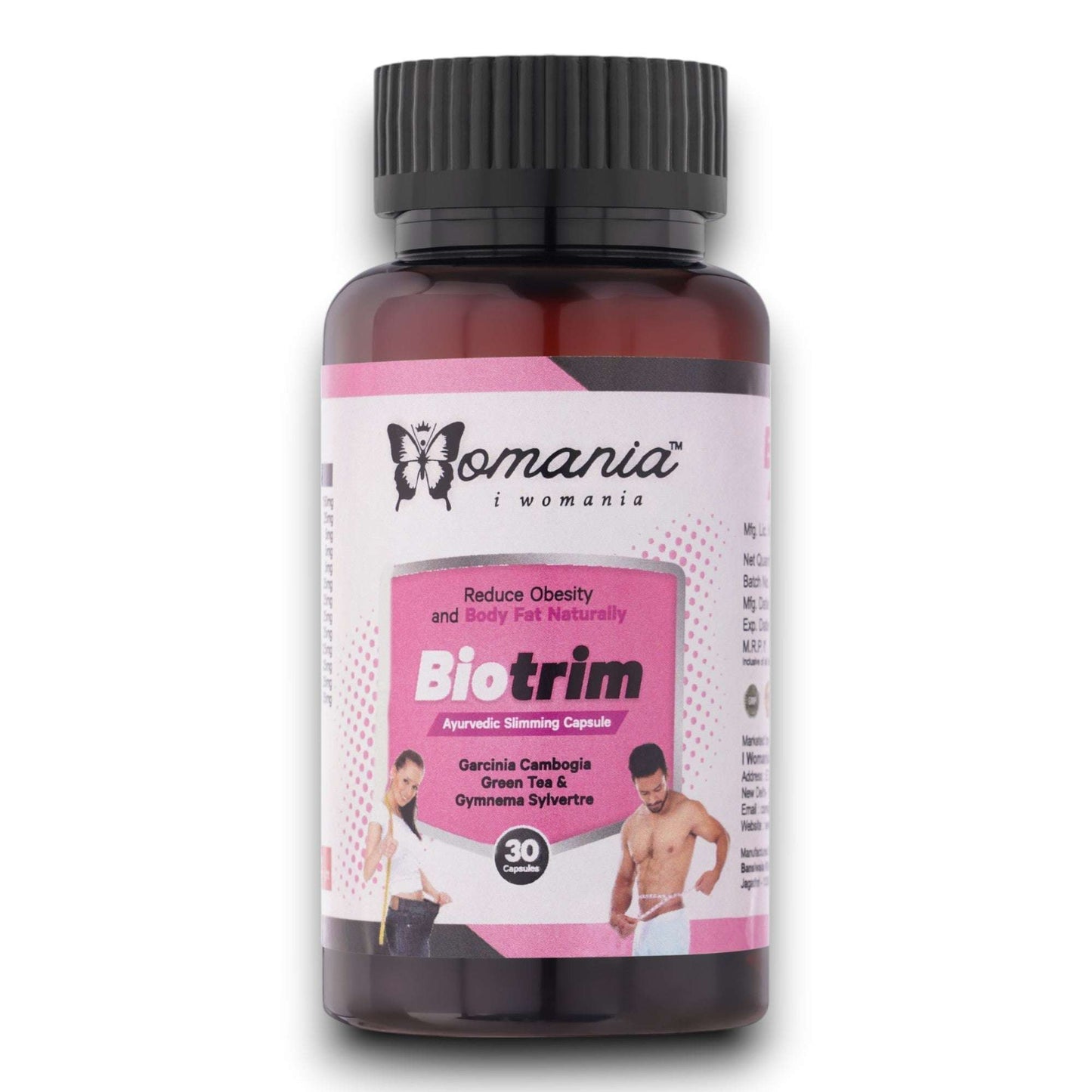 Bio Trim health capsules bottle with Ayurvedic formula label promoting weight reduction for women.