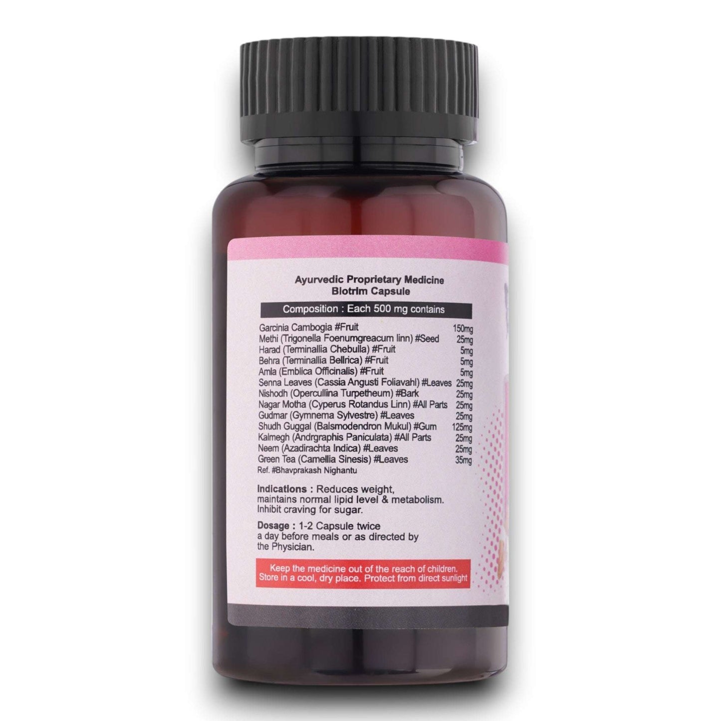 Bio Trim health capsules bottle with Ayurvedic and herbal ingredients label.