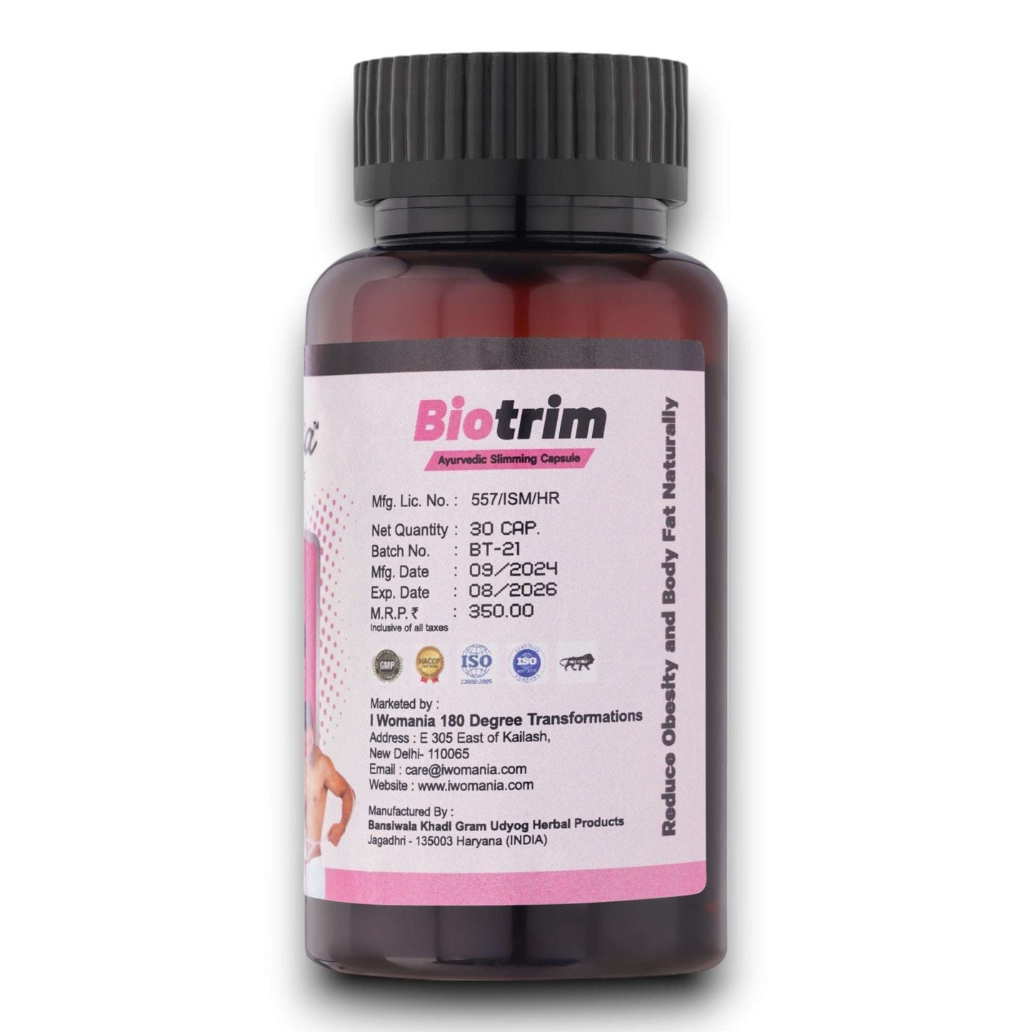 Bio Trim health capsules bottle with 30 caps label, promoting natural weight reduction and overall health.