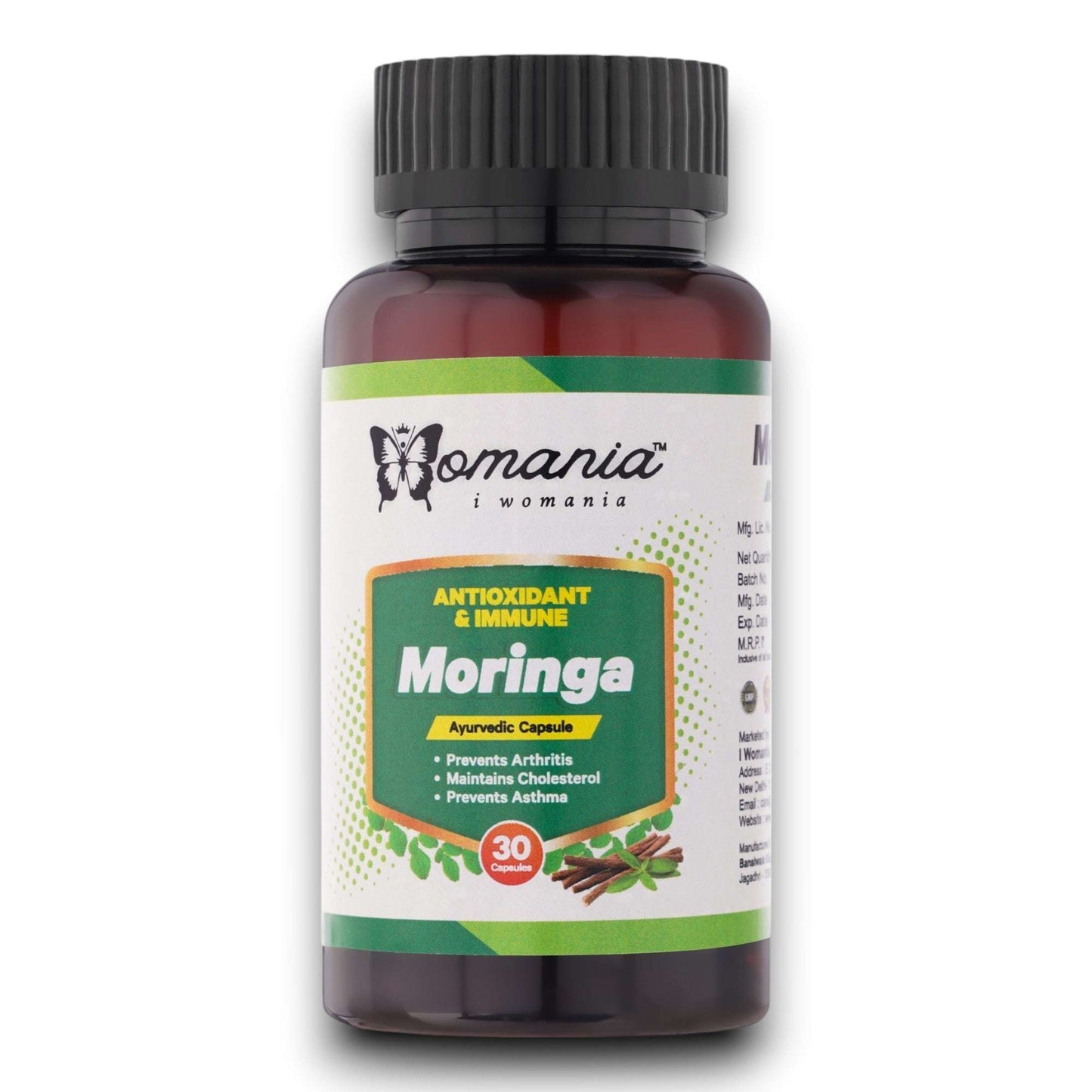 Moringa Capsules bottle with antioxidant benefits, 30 capsules for immune support and wellness.