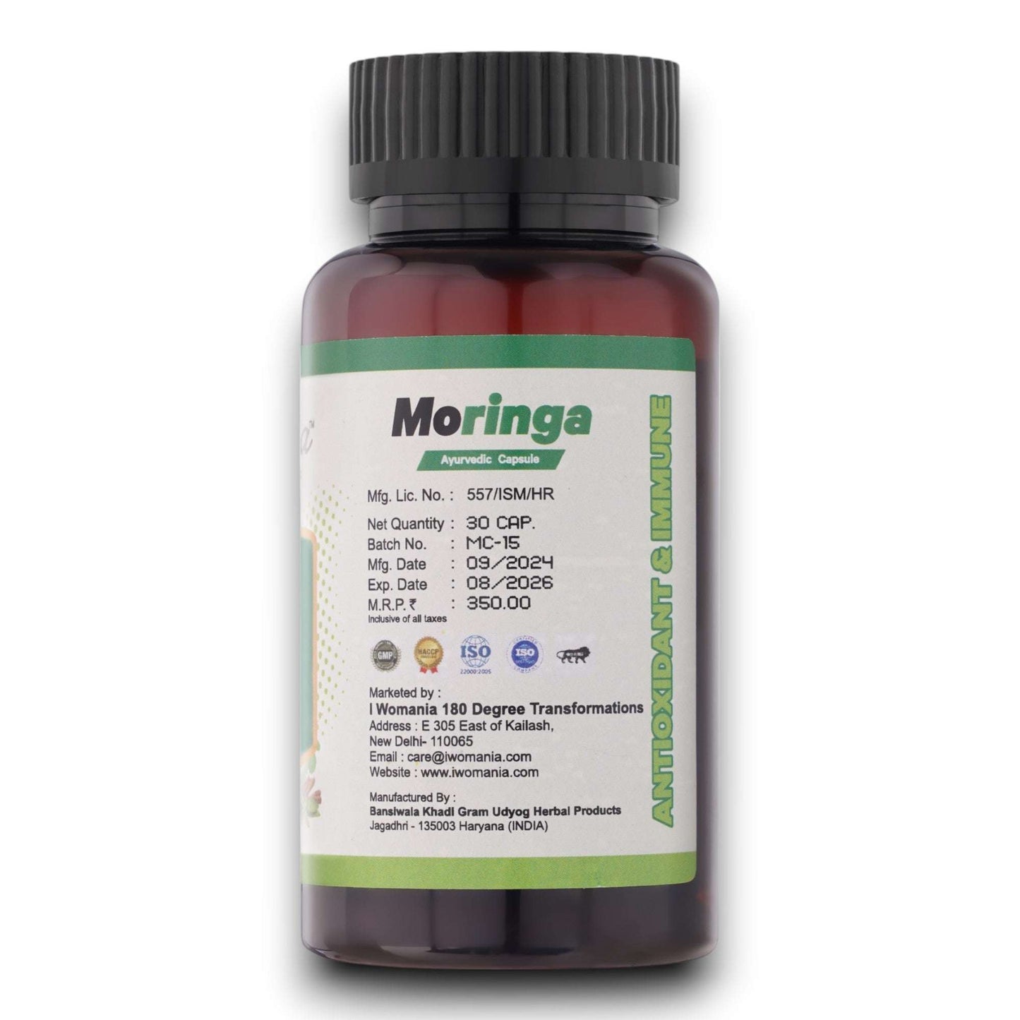 Moringa Capsules, antioxidant support, 30 caps bottle for immune function and wellness.