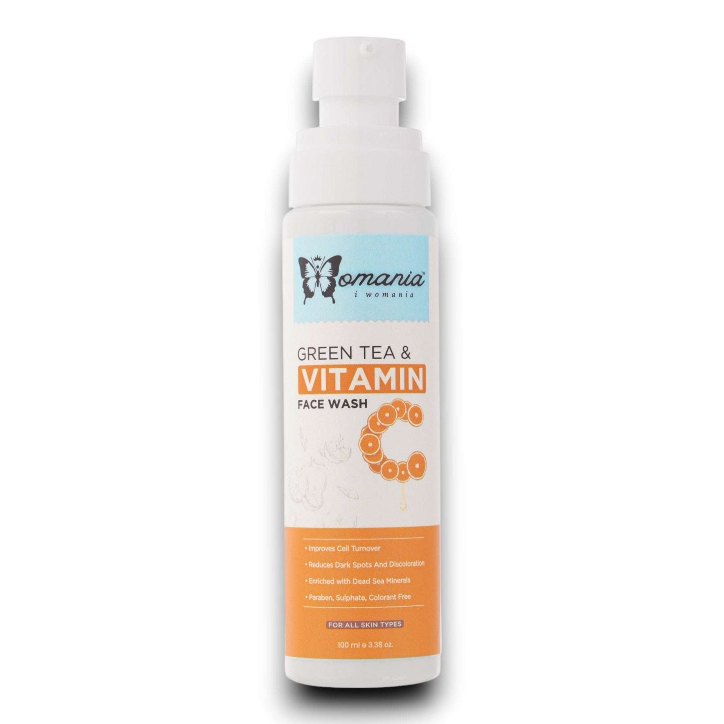 Green tea and vitamin C face wash, 100 ml bottle, suitable for all skin types, free from parabens and sulfates.