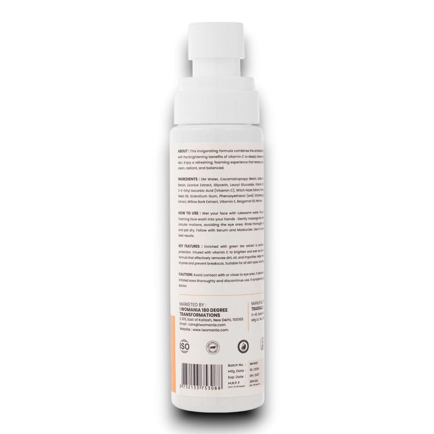 Vitamin C Face Wash with Green Tea 100ml bottle back label showing ingredients and directions for use.