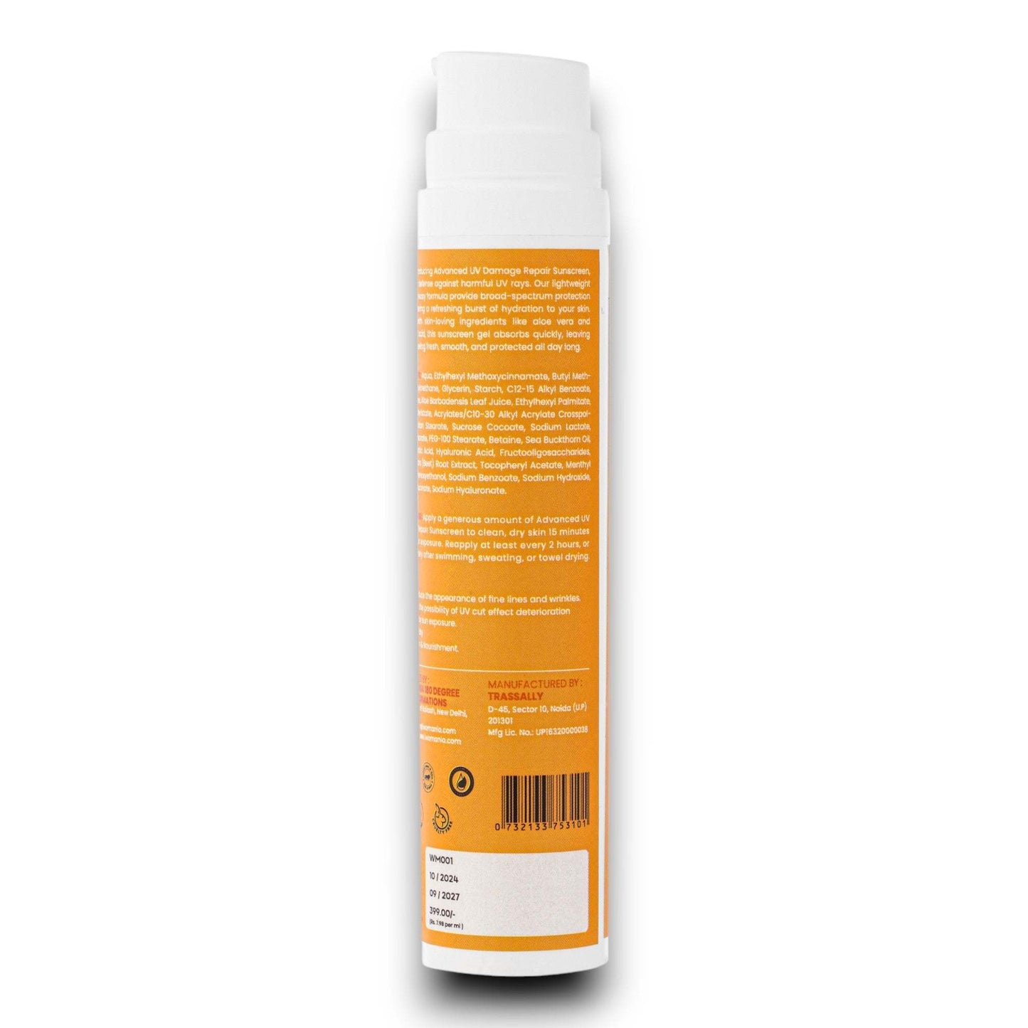 Sunscreen - SPF 50 + PA++++ 50 ml bottle, parabens and sulfate-free, suitable for all skin types.