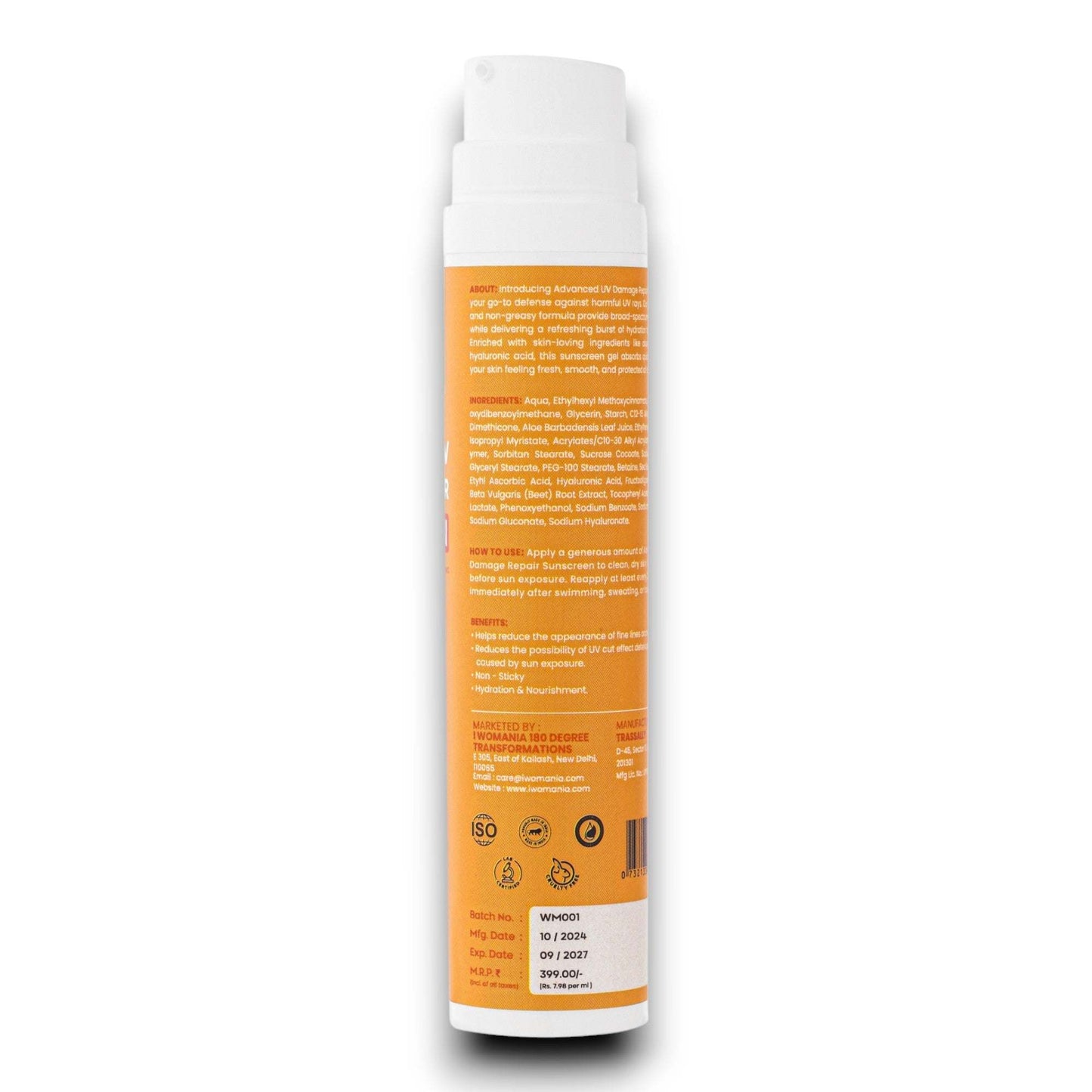 SPF50 + PA(++++), 50 ml Sunscreen bottle with detailed ingredient information on orange background.