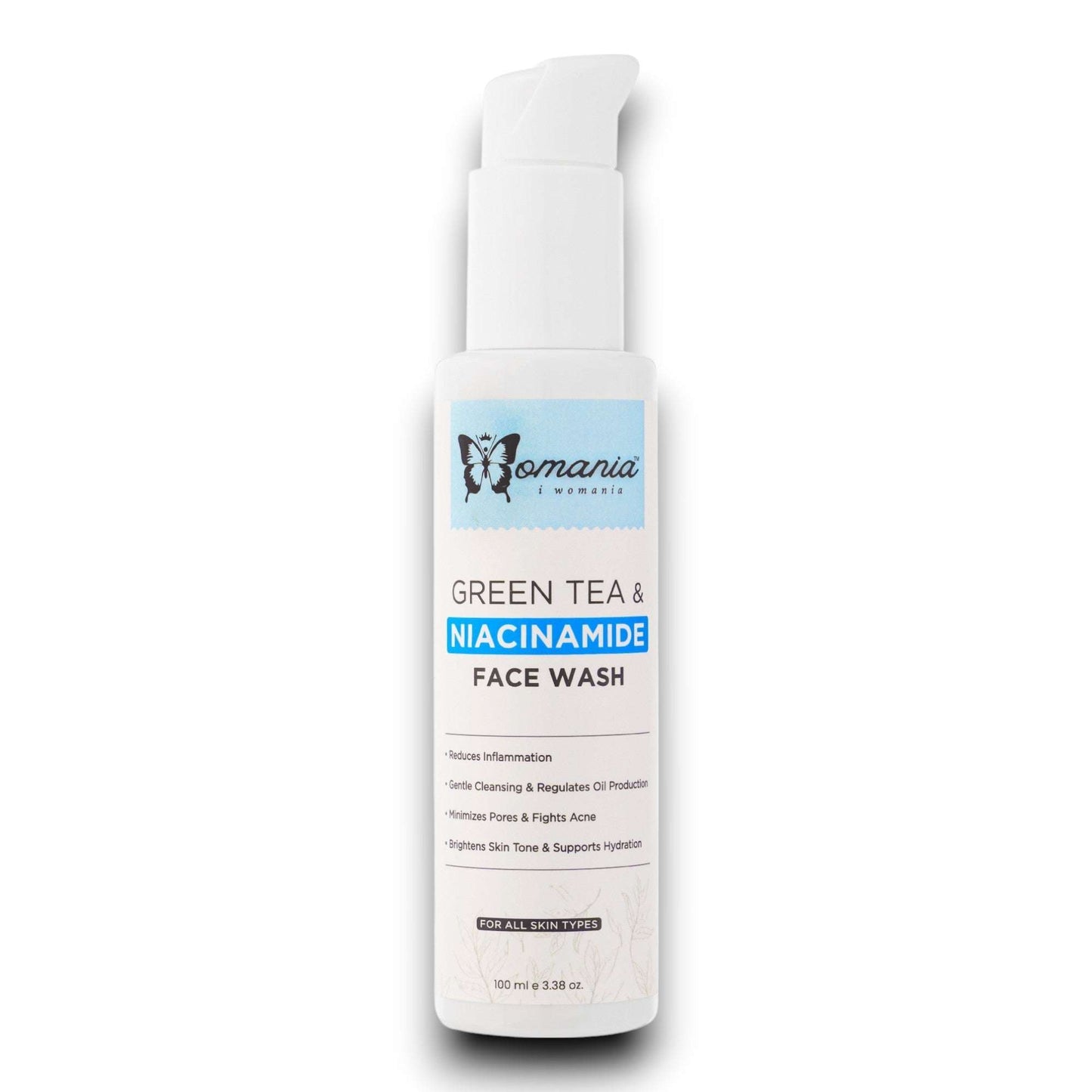 Face wash with green tea and niacinamide, 100ml bottle, acne control and anti-aging benefits.