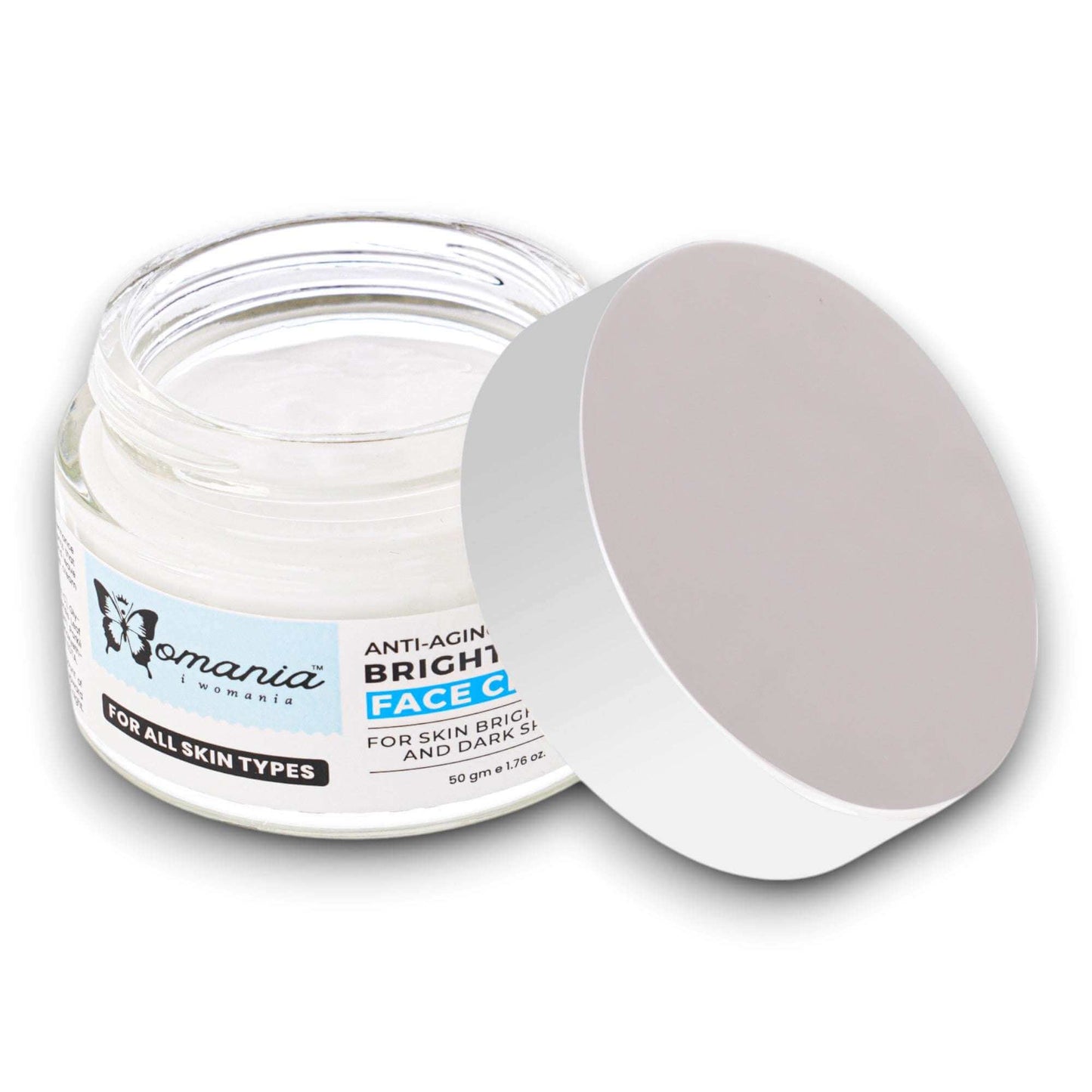 Skin Brightening Cream in an open jar, designed for all skin types, featuring anti-aging properties and a radiant glow.