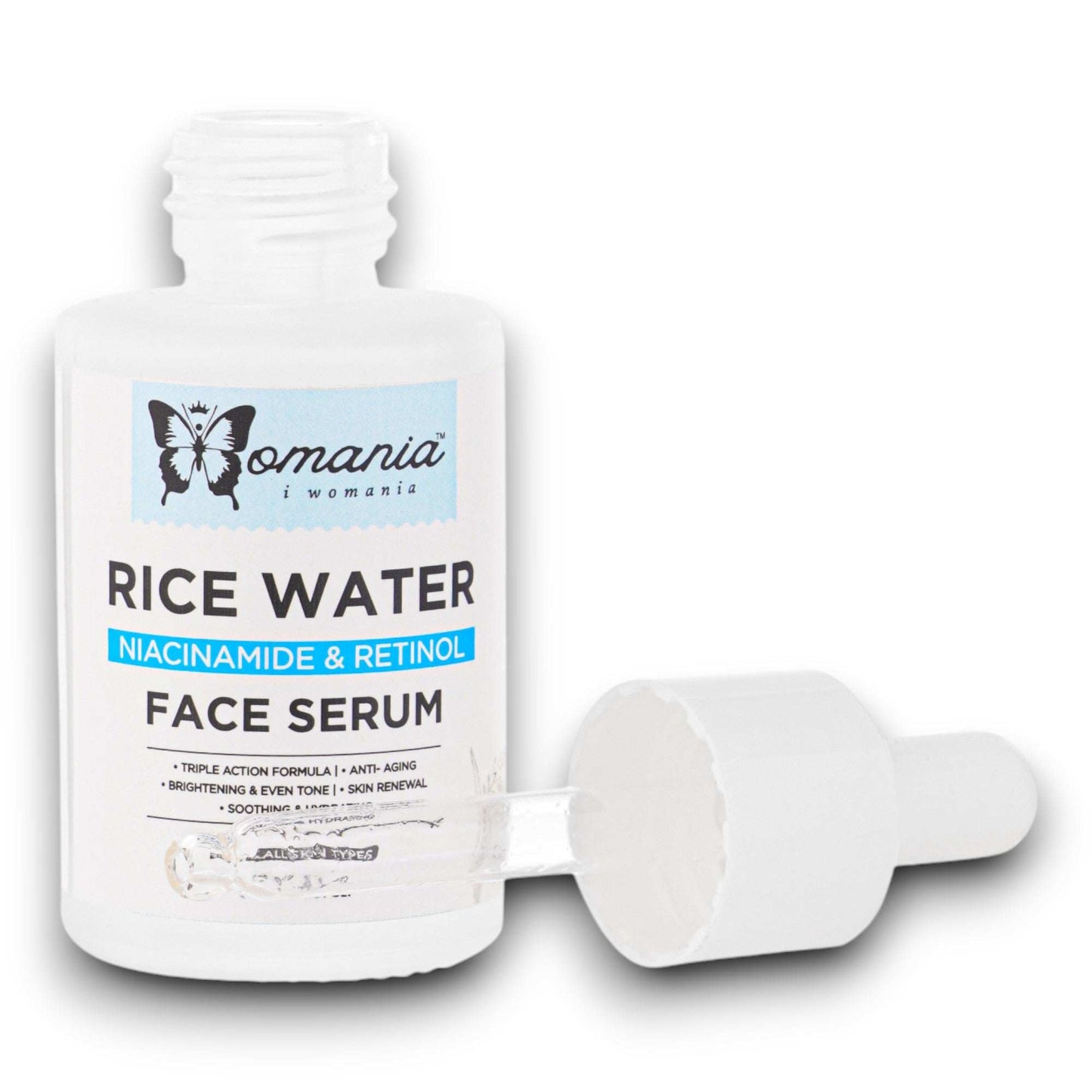 Retinol Face Serum with Rice Water, Niacinamide & Retinol, skincare product in a dropper bottle.