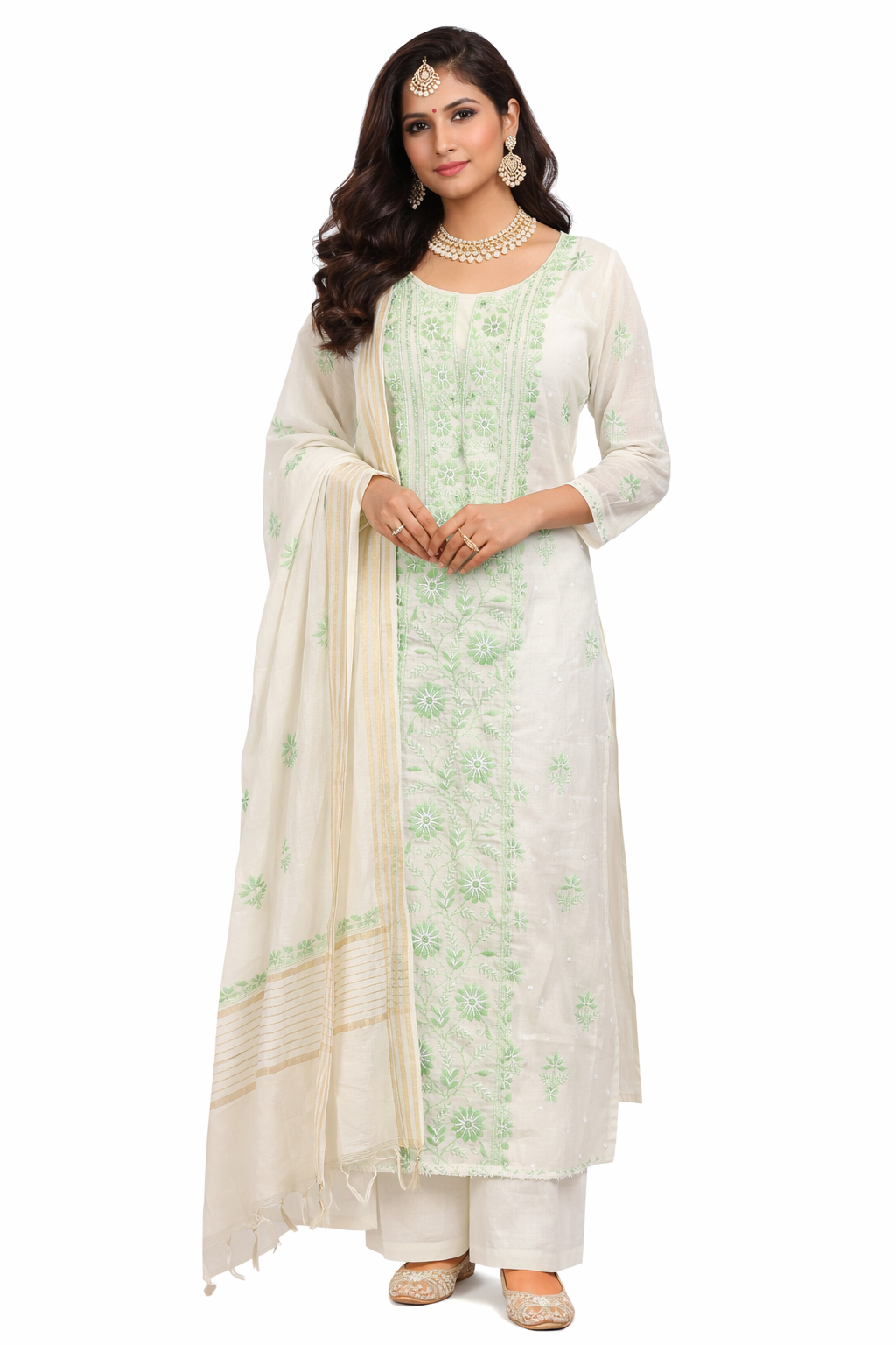 Lucknowi Chikankari Unstitched Suit 2 Pc– Mul Chanderi (Off White)