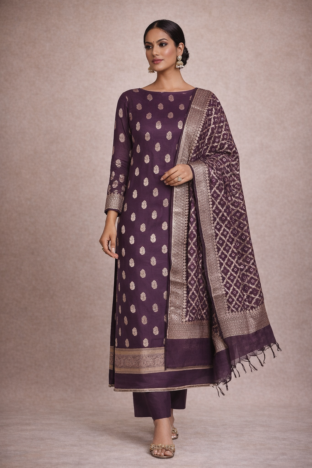 Banarasi Chanderi Cotton Unstitched Suit- 3 Piece (Deep Purple)