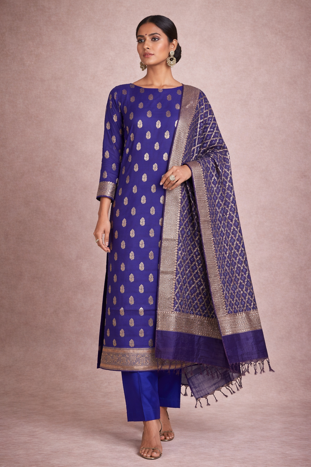 Banarasi Chanderi Cotton Unstitched Suit- 3 Piece (Royal Blue)