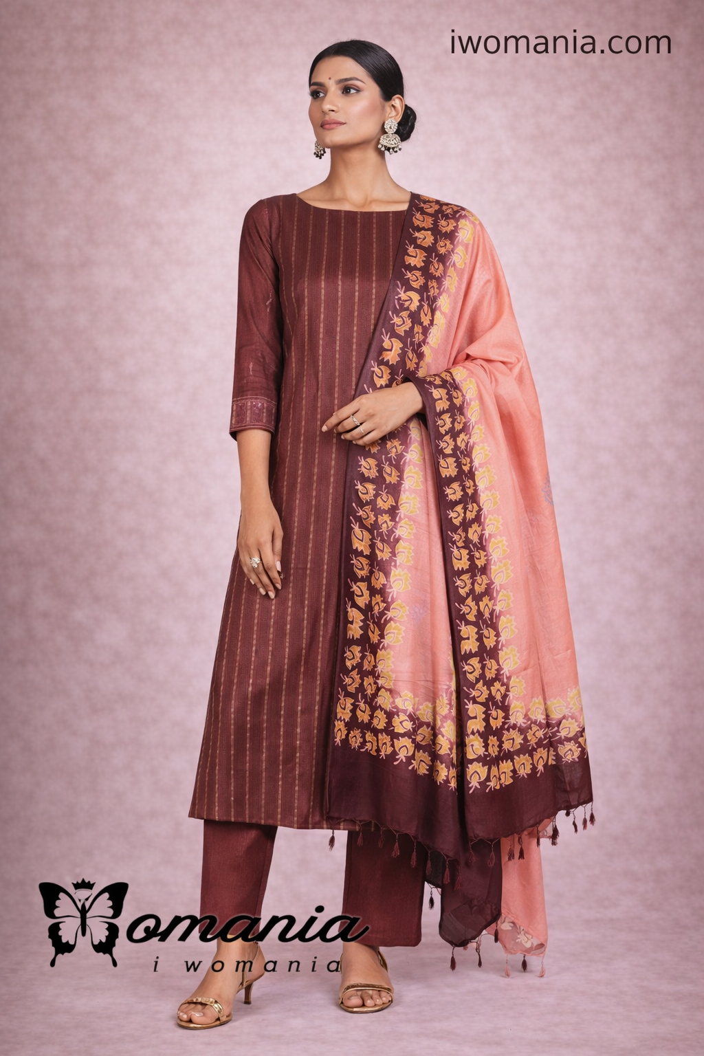 Slub Cotton Dobby Weave Unstitched Suit- 3 Piece (Wine & Peach)