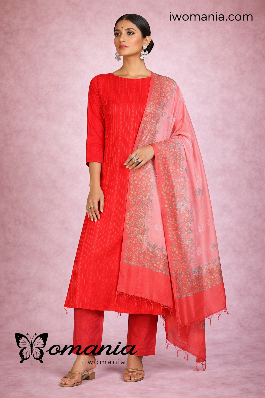Slub Cotton Dobby Weave Unstitched Suit- 3 Piece (Red & Pink)