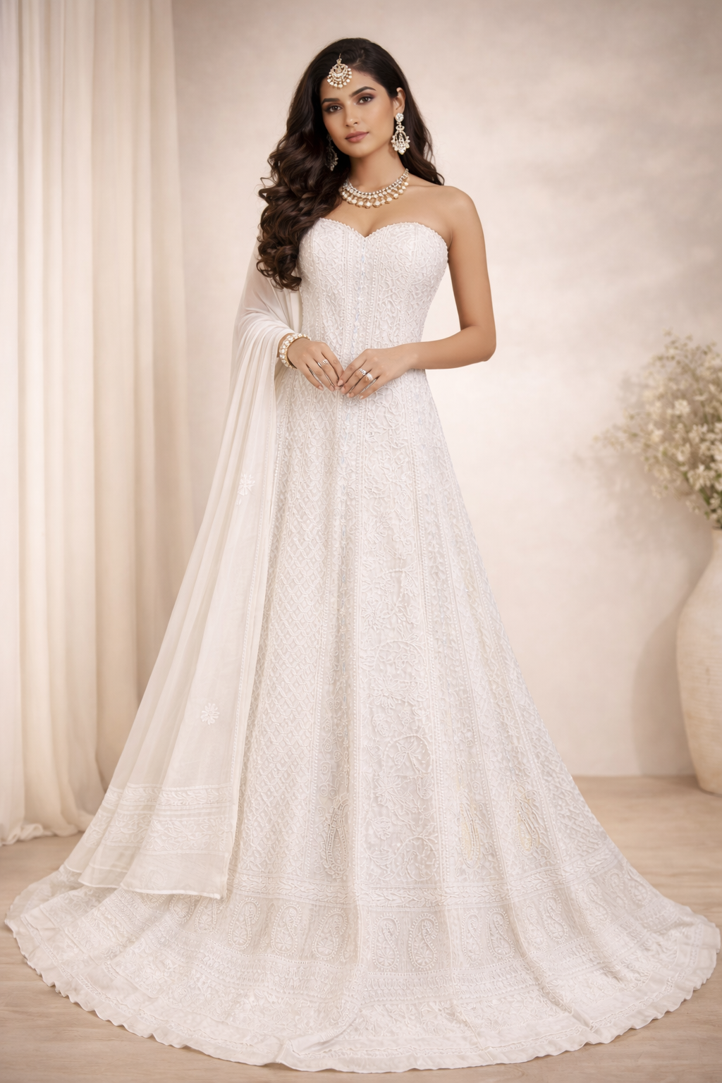 Lucknowi Chikankari Anarkali (36 Kali) Semi Stitched Suit 2 Pc– (White)