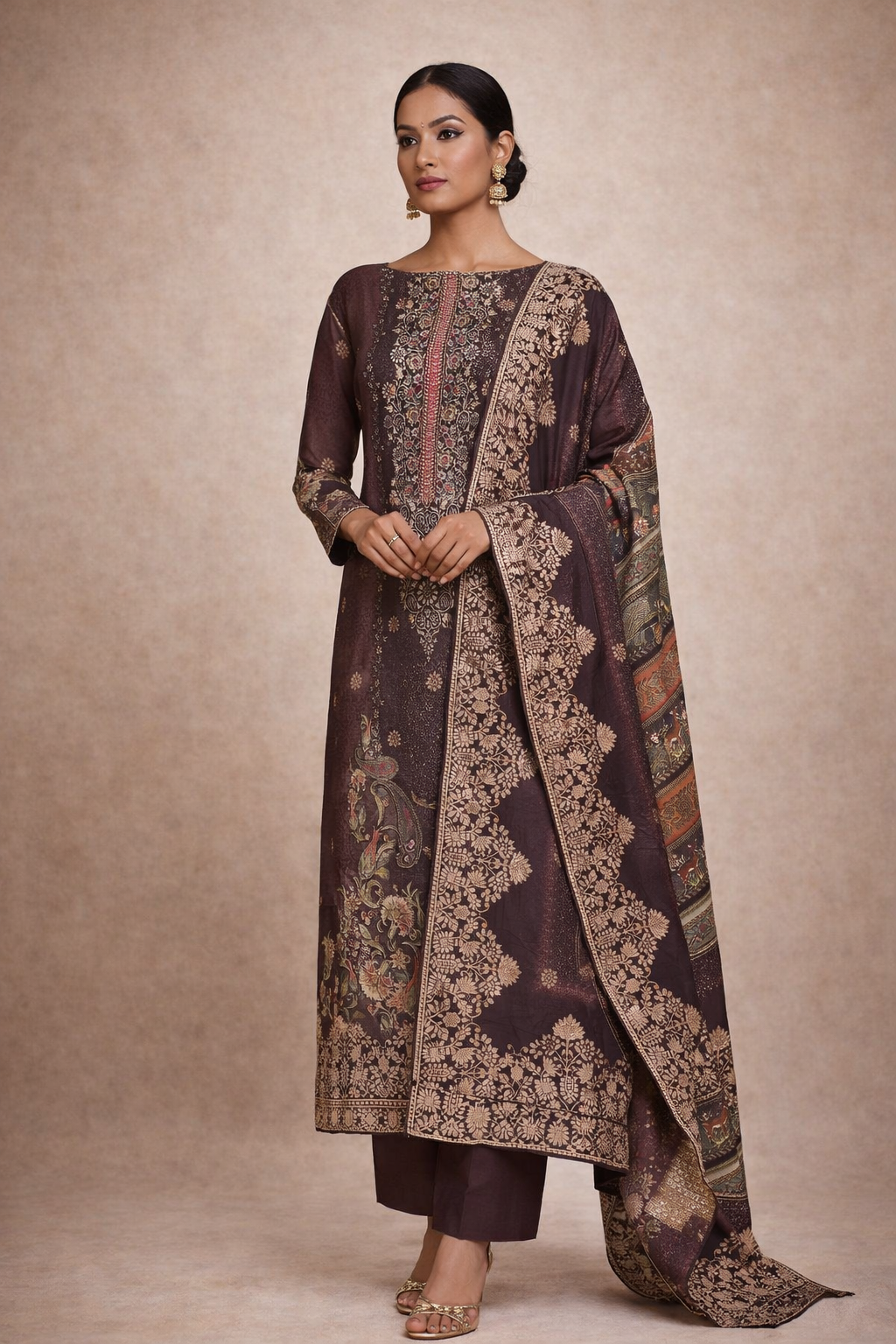 RAAS Tanchui Brocade Unstitched Suit- 3 Piece (Wine Colour)