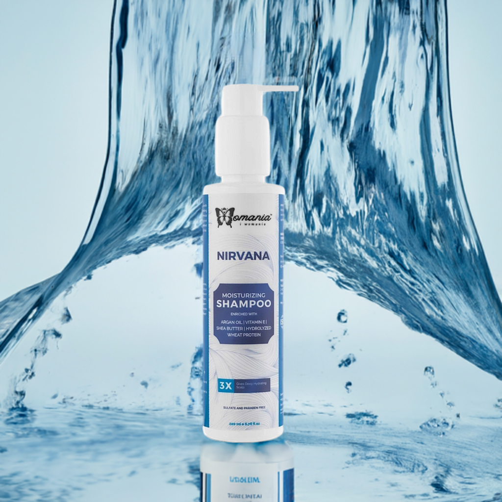 NIRVANA Hair Moisturizing Shampoo 200 ml with argan oil and vitamin E for deep hydration and nourishment.