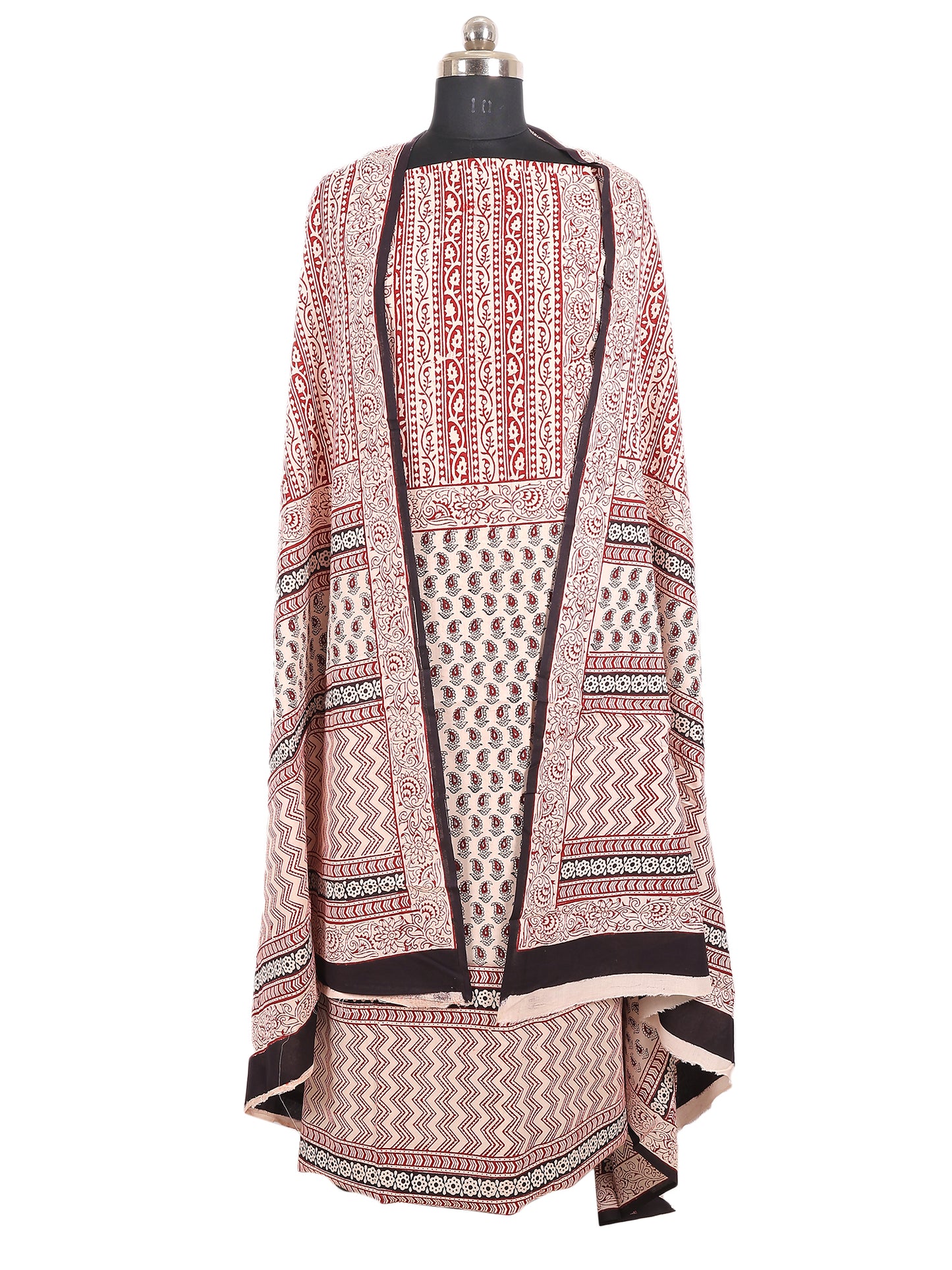 Bagh Handblock Print Cotton Unstitched Suit Set in Blush Ivory showcasing intricate designs and artisanal craftsmanship.