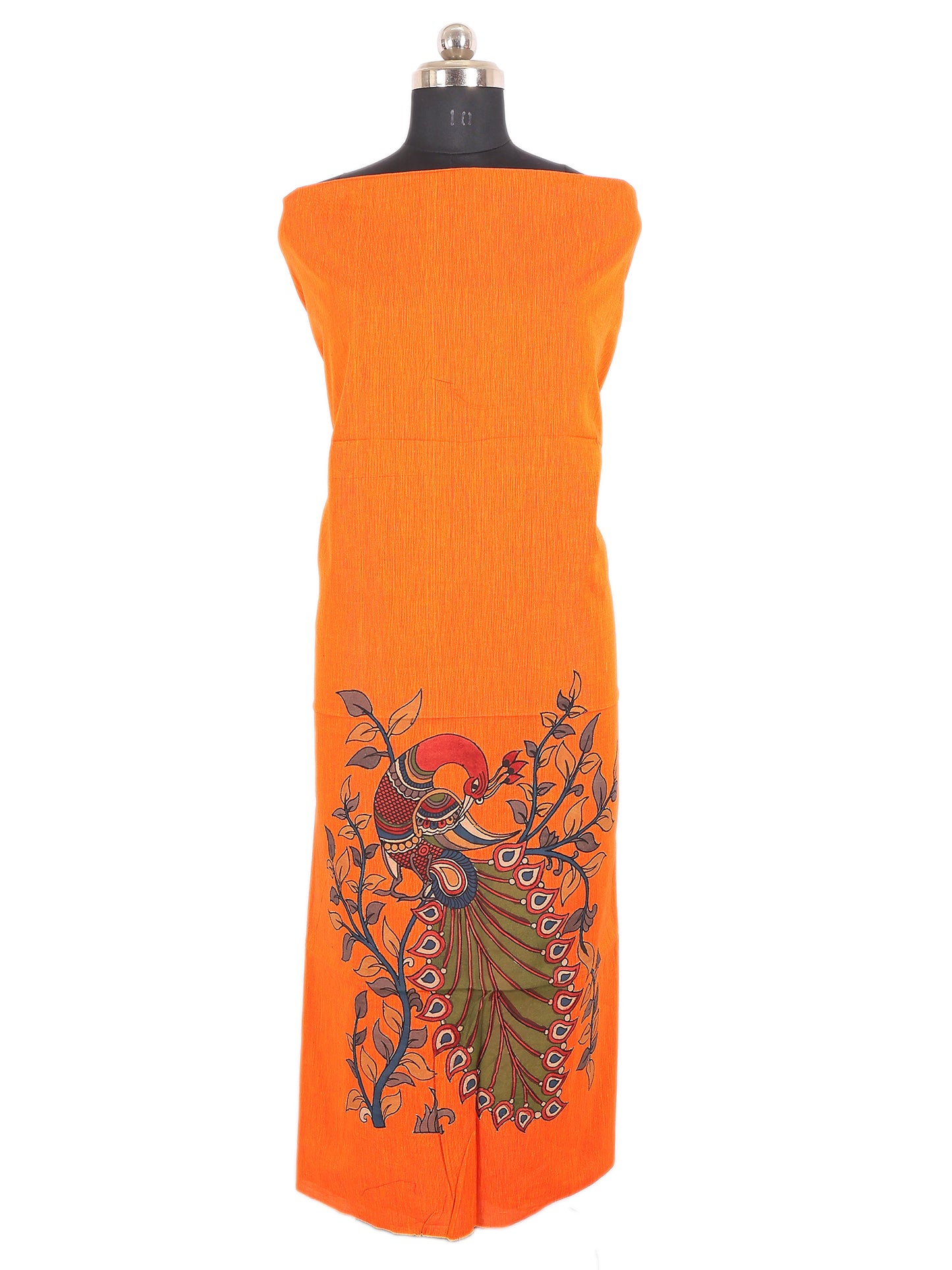 Mangalagiri Cotton Kurti in orange with Bangalore Silk Appliqué work featuring intricate peacock design.