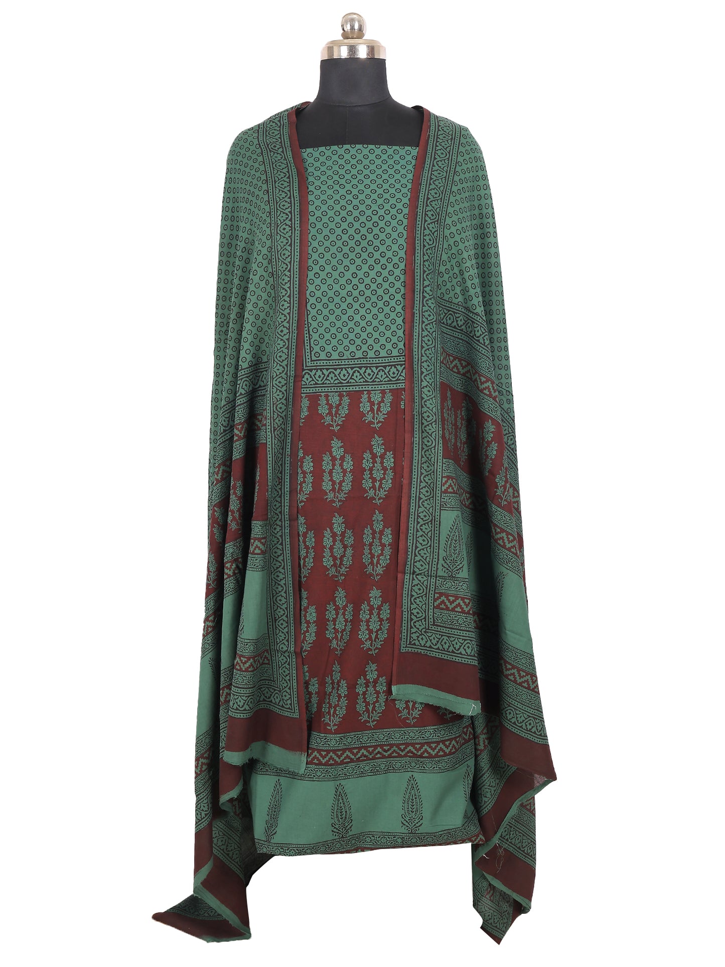 Bagh Handblock Print Cotton Unstitched Suit set showcasing sage green and maroon design, perfect for traditional wear.