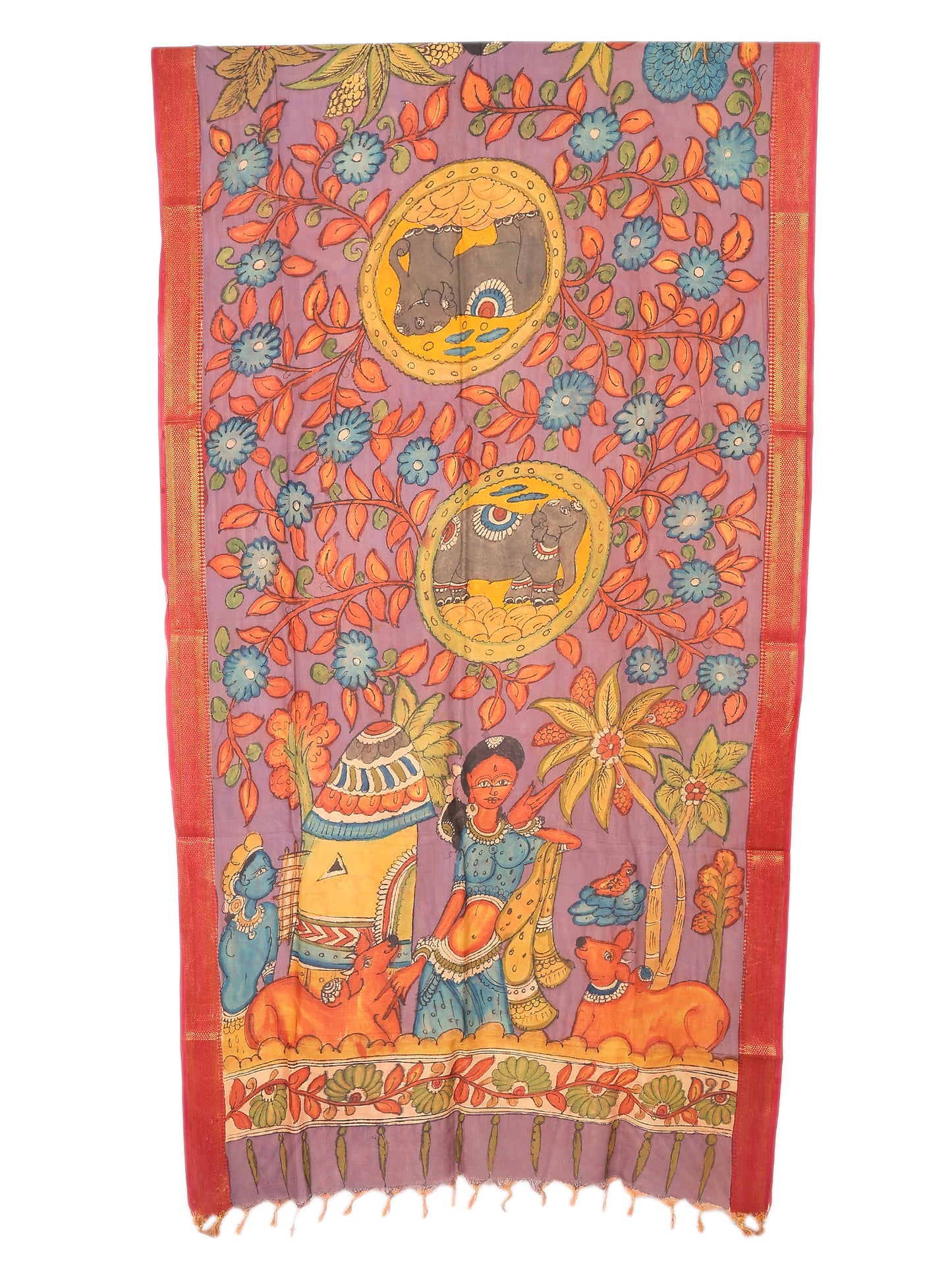 Pen Kalamkari hand painted Bangalore silk dupatta in mauve with vibrant traditional designs, showcasing artistry and culture.