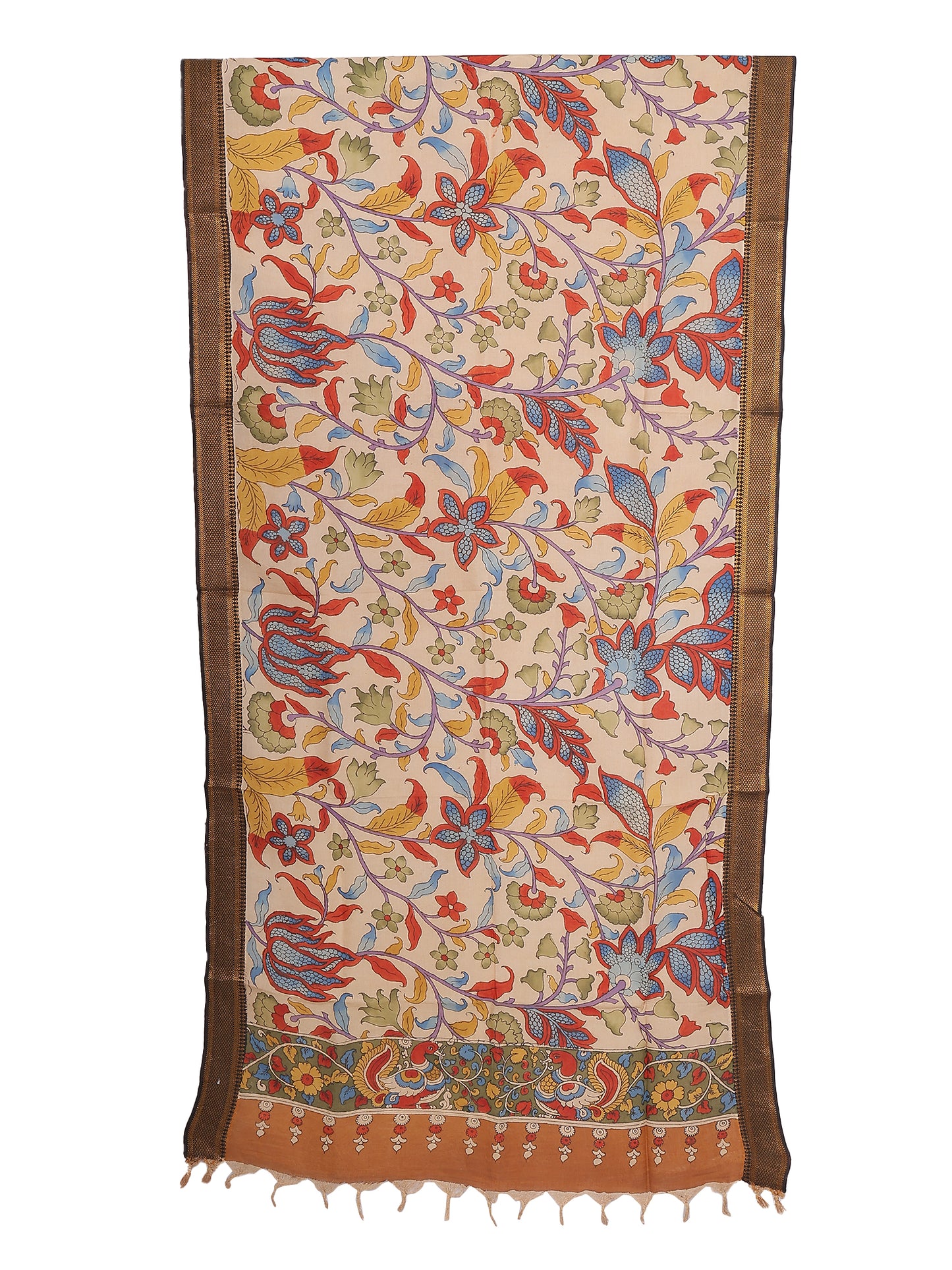 Pen Kalamkari hand-painted ivory Bangalore silk dupatta with vibrant floral patterns and intricate detailing.