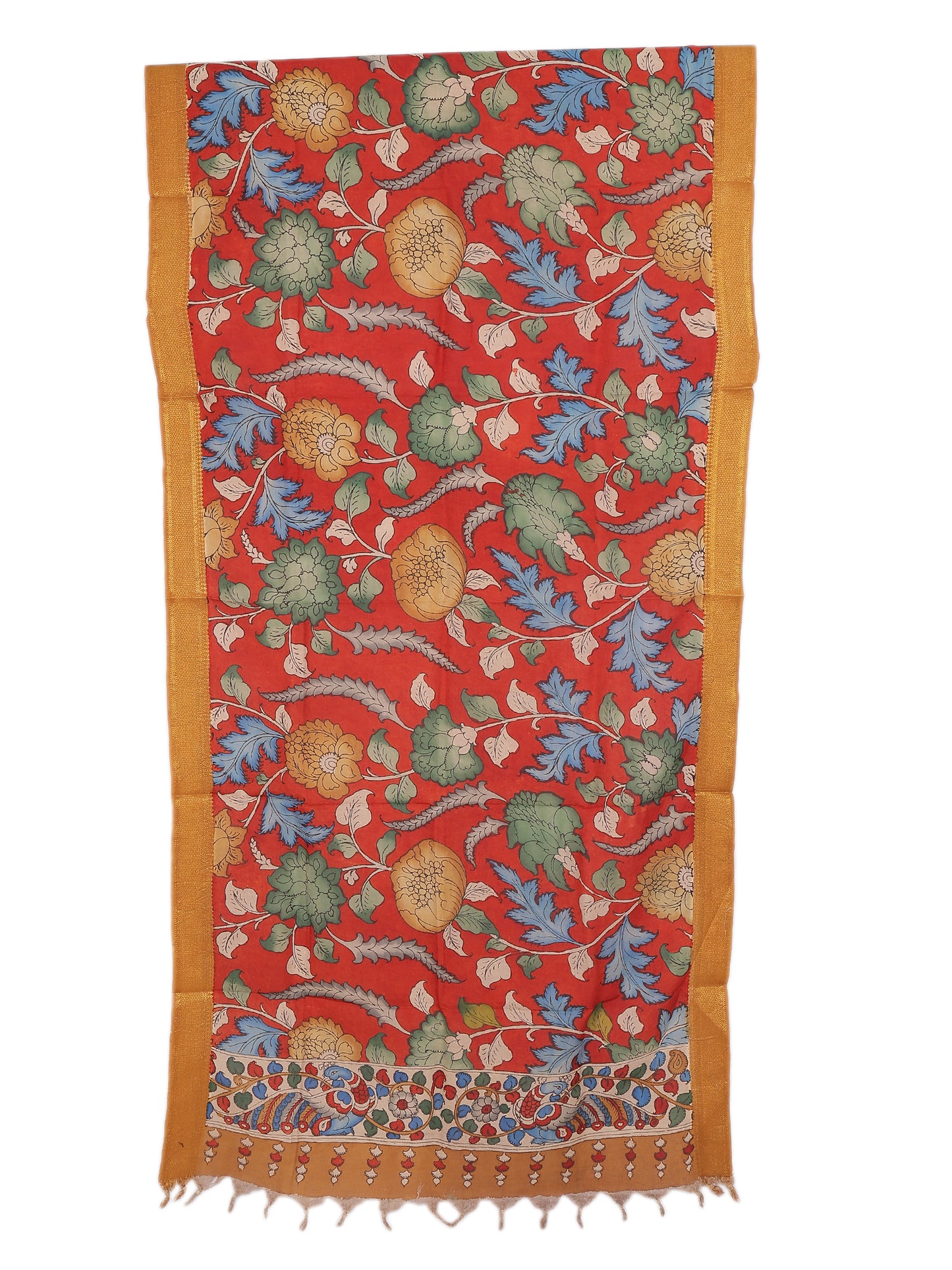 Pen Kalamkari Hand Painted Bangalore Silk Dupatta in vibrant crimson red with floral designs.