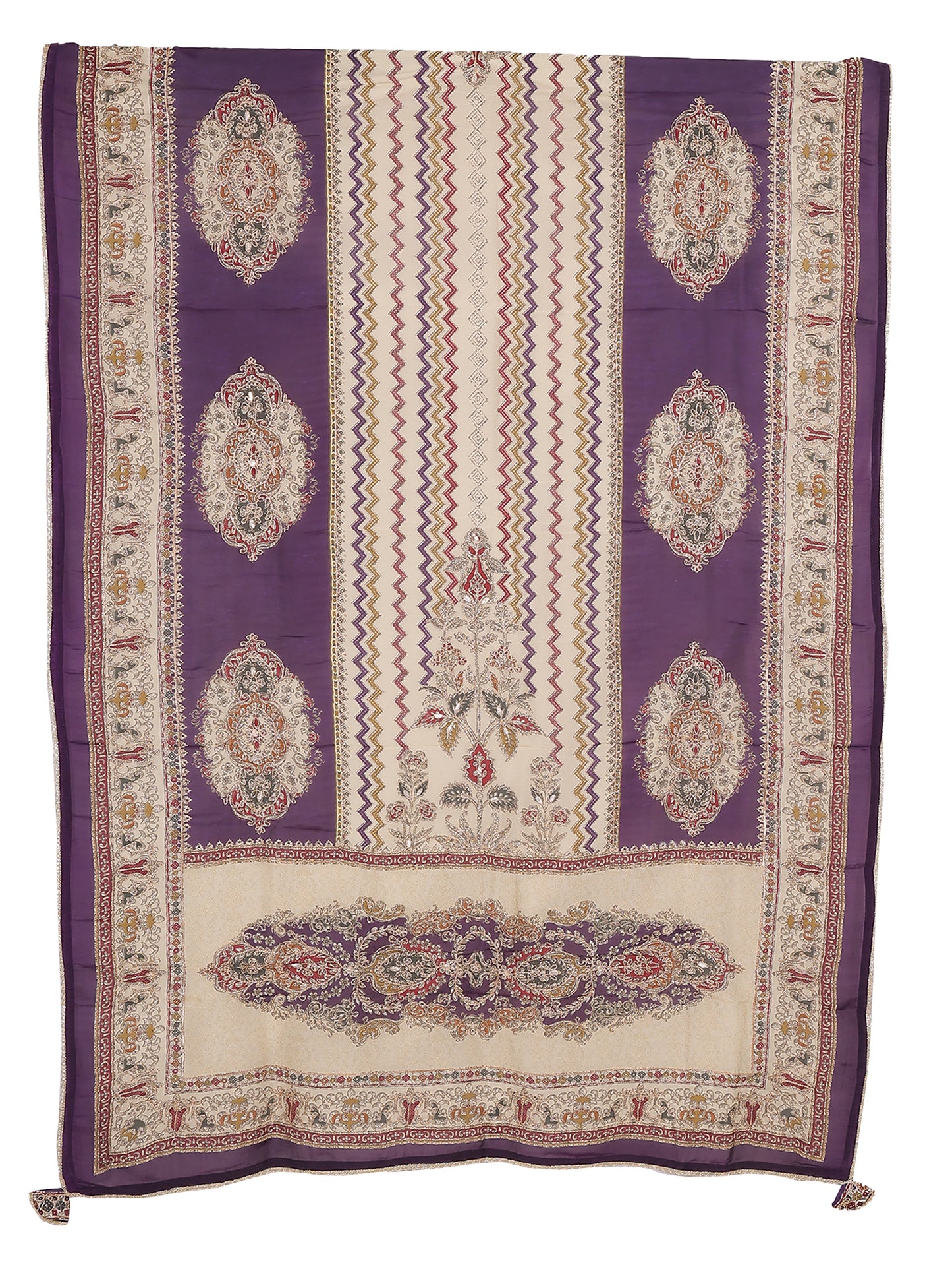 RAAS Soft Organza Sushi Silk unstitched suit in warm beige with intricate purple floral motifs.