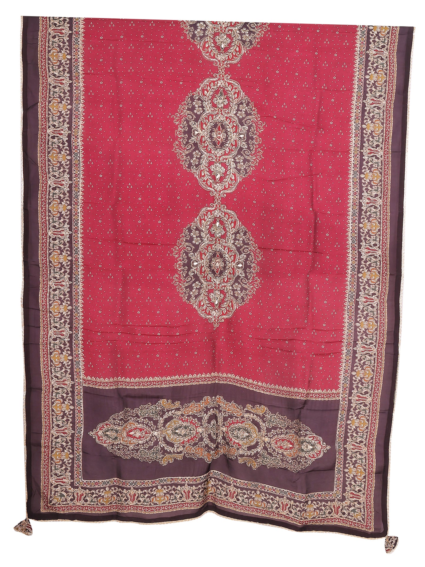 RAAS Soft Organza Sushi Silk fabric in rich crimson wine color with intricate floral patterns and elegant border design.