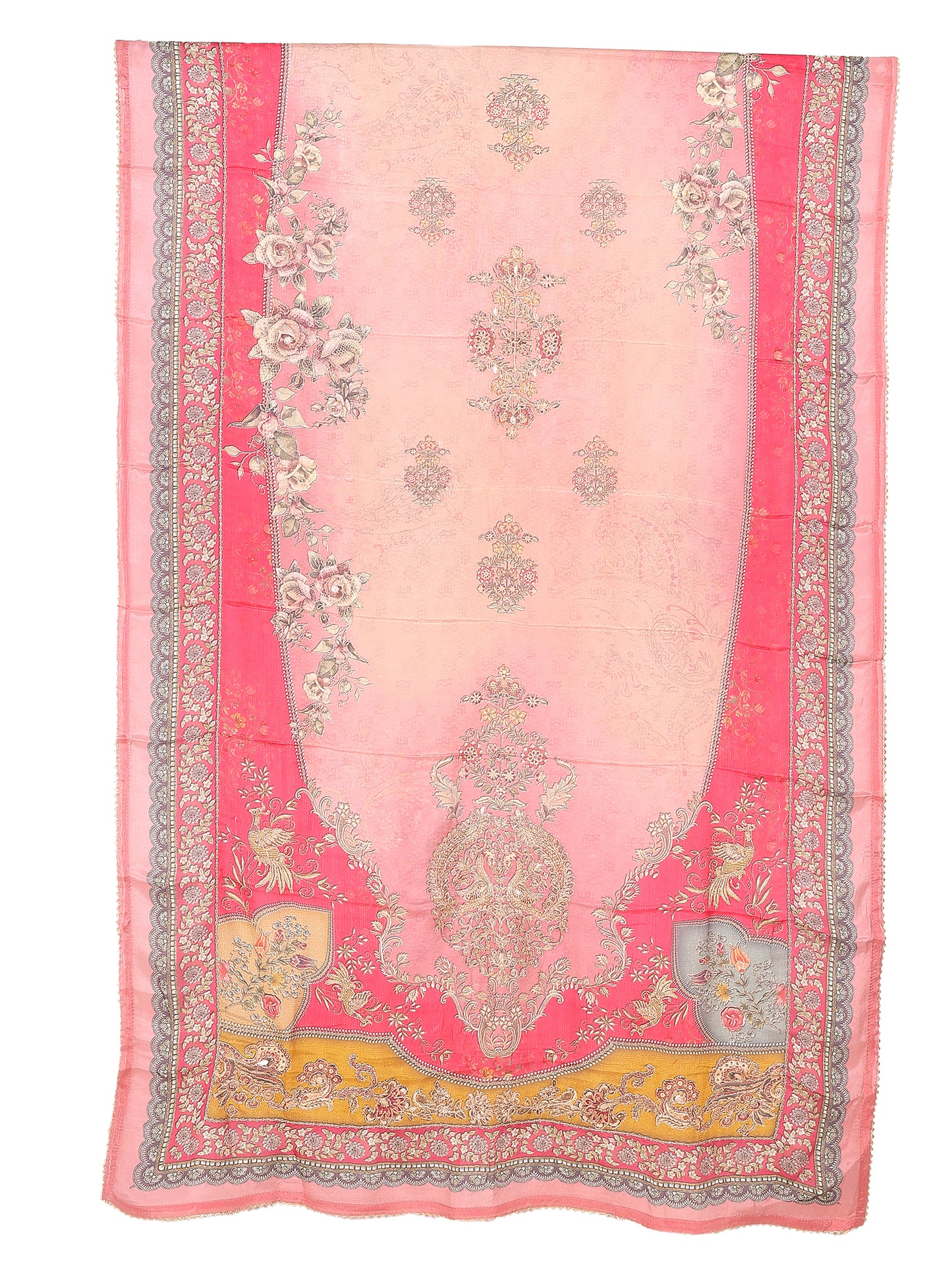 RAAS Pure Crepe unstitched suit set with vibrant fuchsia pink and intricate floral patterns in pure chinon dupatta.