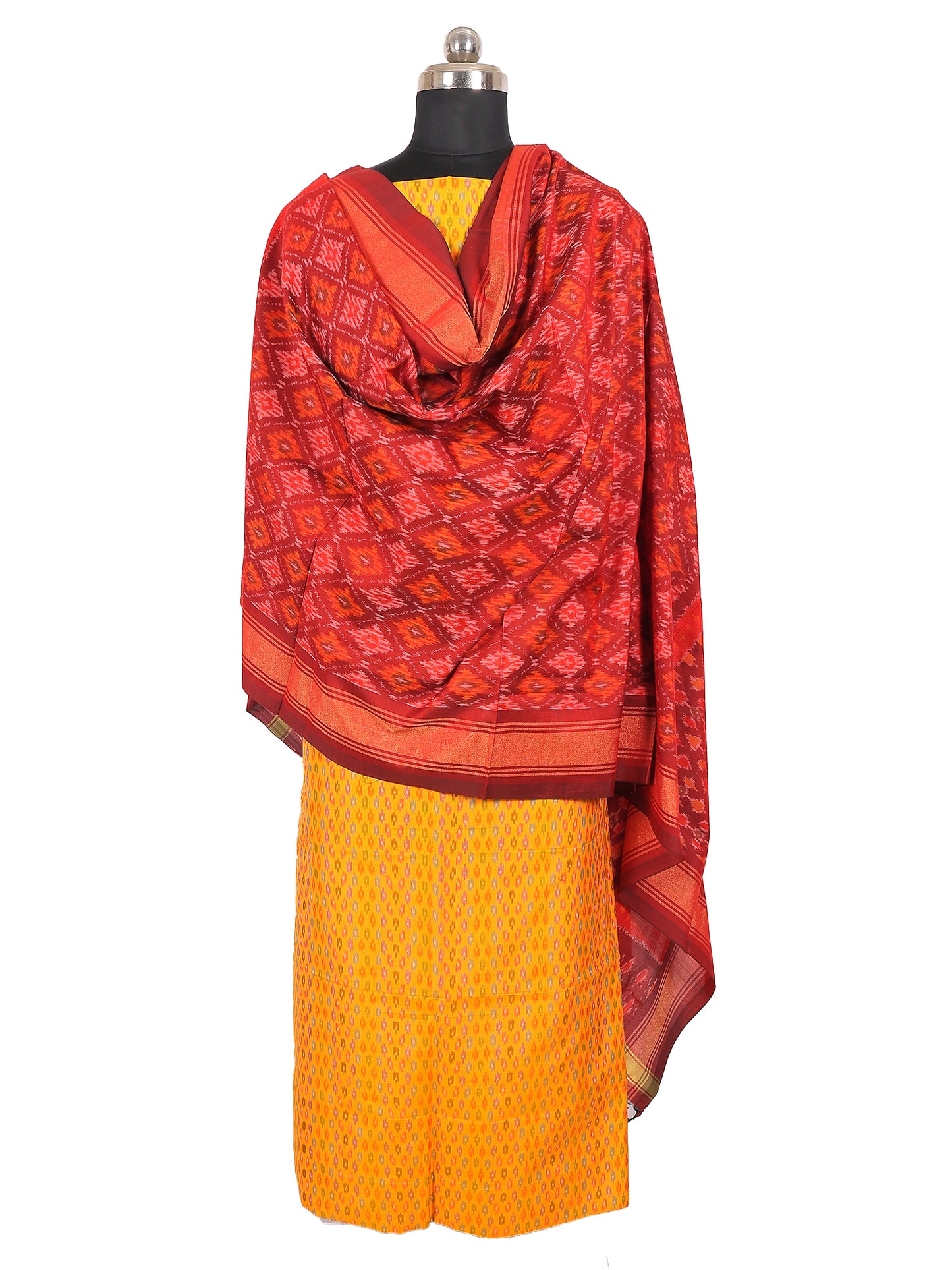 Sico Silk Top & Dupatta set in yellow and crimson red, showcasing vibrant Indian textile artistry.