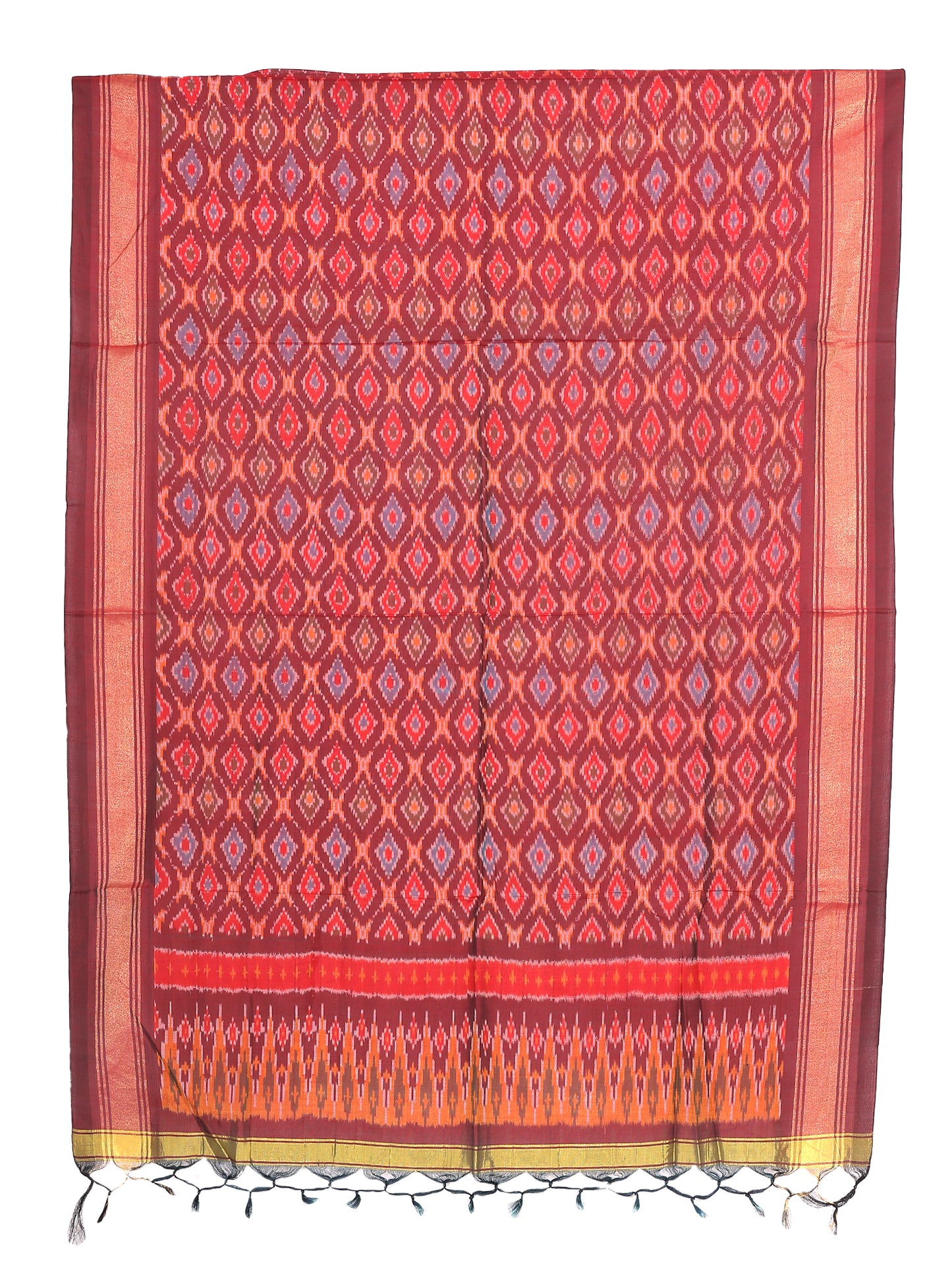 Sico Silk 2 pc set featuring a beautifully patterned dupatta in golden yellow and maroon hues, perfect for festive occasions.