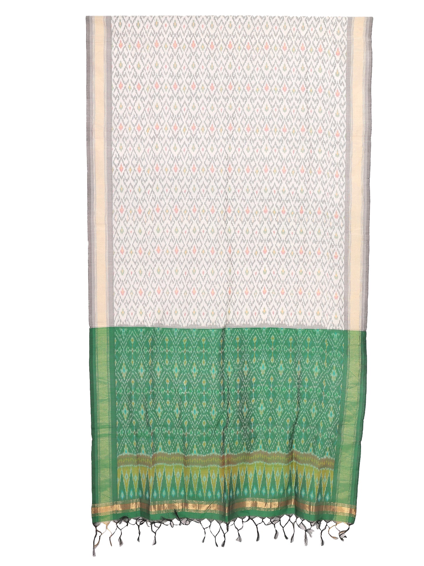 SICO Silk lightweight dupatta featuring intricate green and ivory designs with tassels.