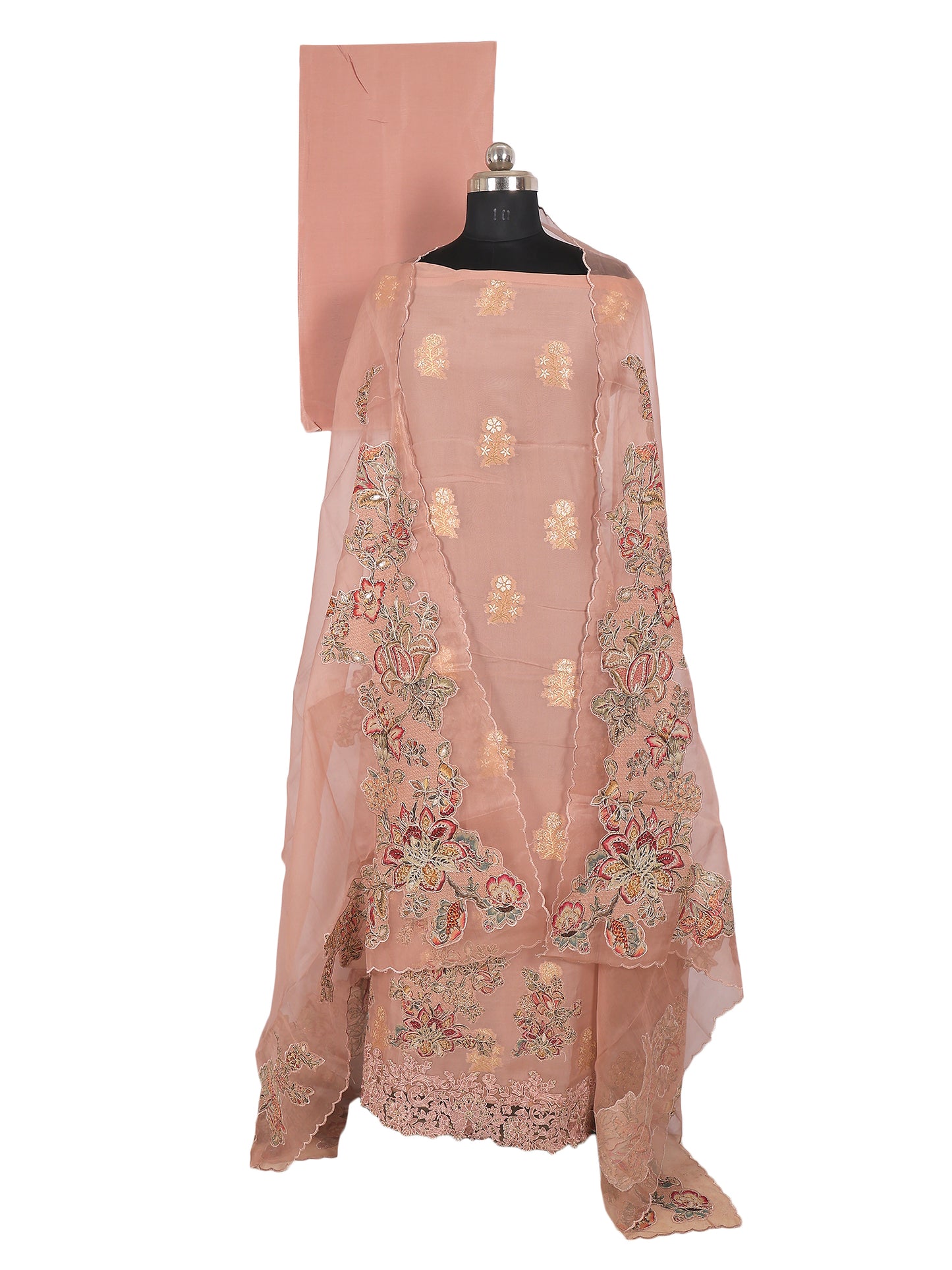 RAAS Pure Soft Organza with Applique Patch Unstitched Suit in Nude Colour on mannequin
