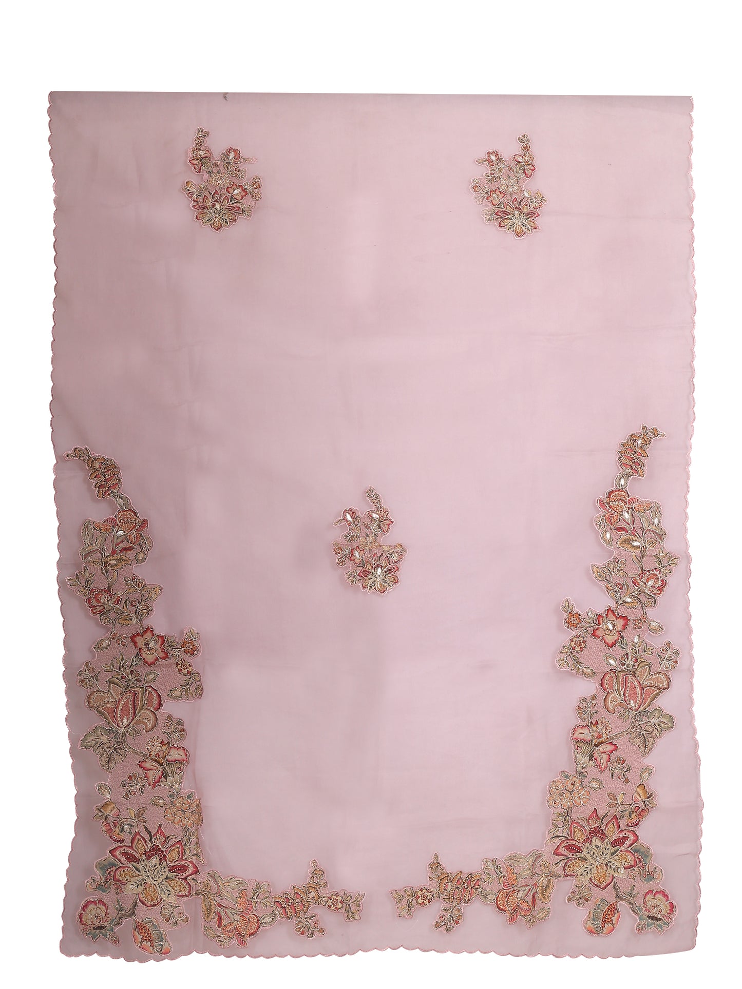 RAAS Pure Soft Organza fabric in lavender with intricate applique patchwork design for unstitched suit.