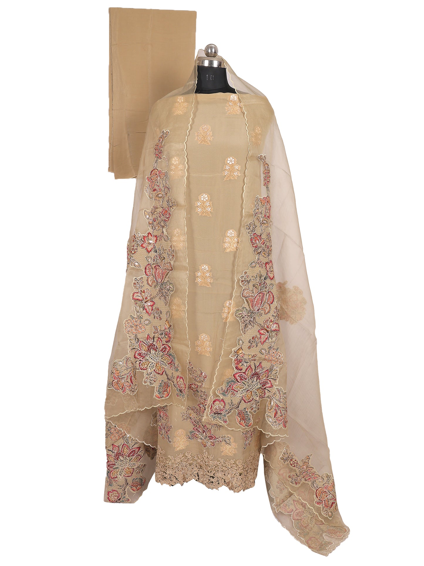 RAAS Pure Soft Organza unstitched suit with applique patch in dull golden, showcasing intricate embroidery and elegant design.