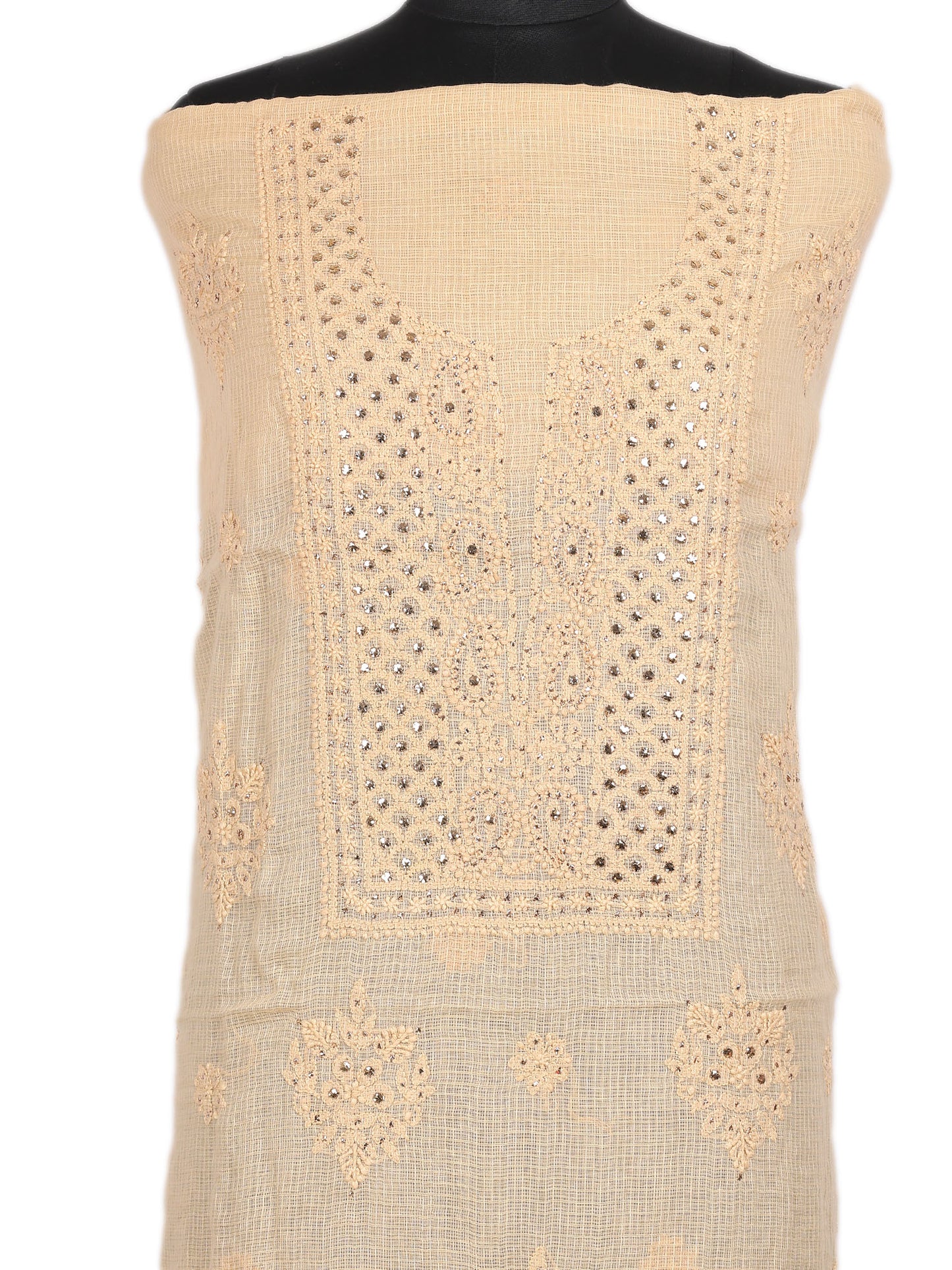 Lucknowi Chikankari Kota Doria with Badla work Unstitched Suit- 3 Piece (Dusky Yellow)