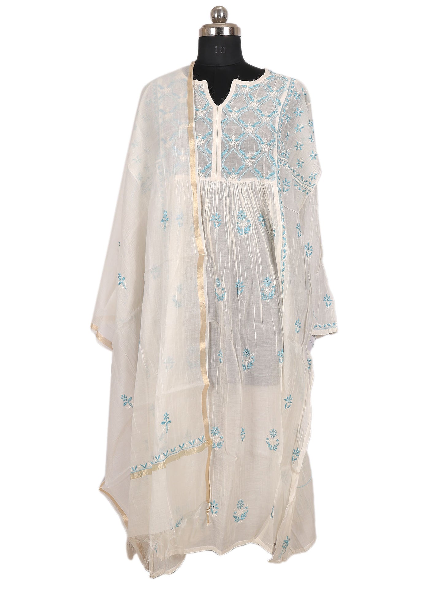 Lucknowi Chikankari hand-embroidered kurta in white and blue with intricate embroidery and a contemporary silhouette.