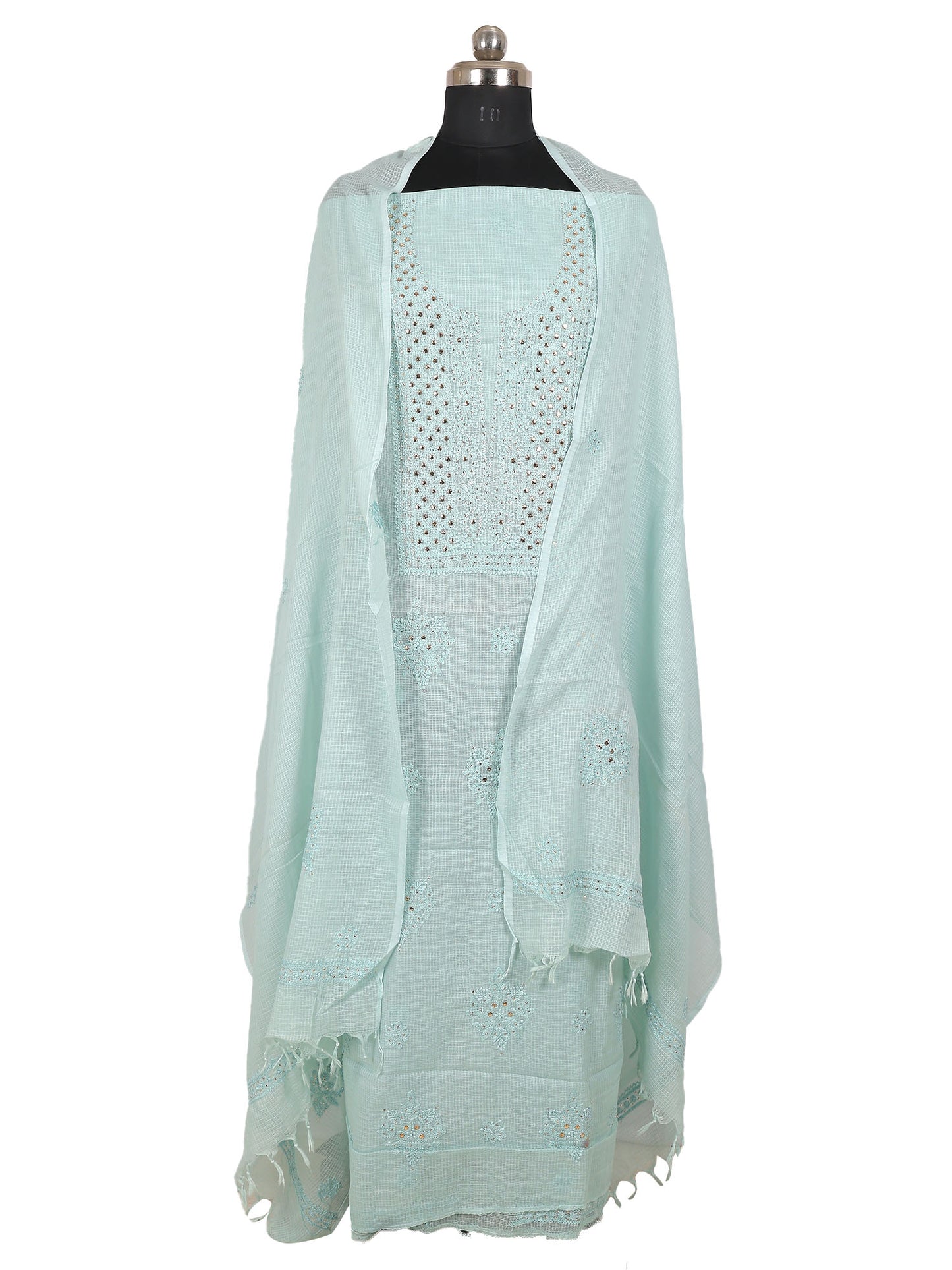 Lucknowi Chikankari Kota Doria with Badla work Unstitched Suit- 3 Piece (Powder Blue)