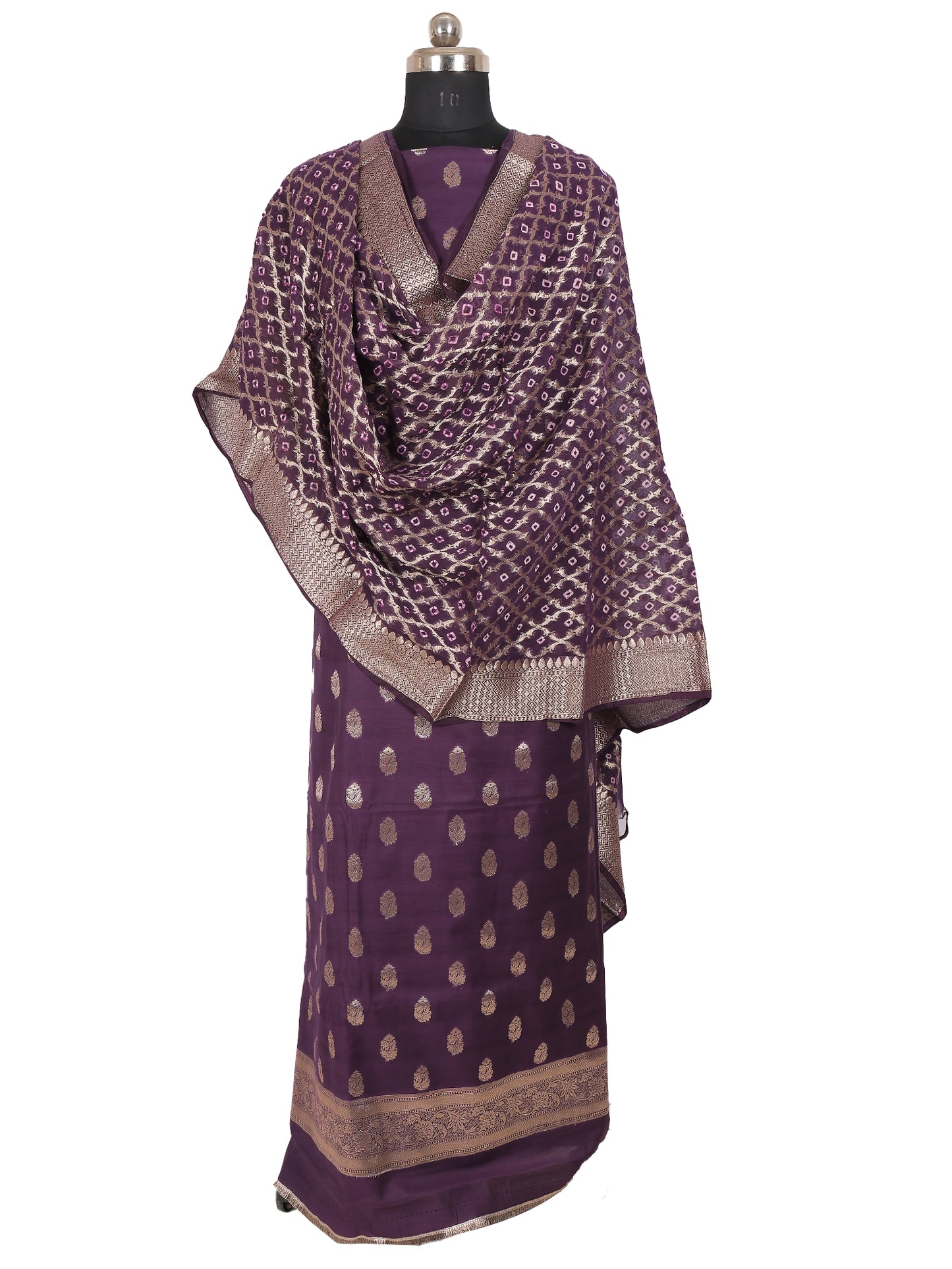 Banarasi Chanderi Cotton Unstitched Suit- 3 Piece (Deep Purple)