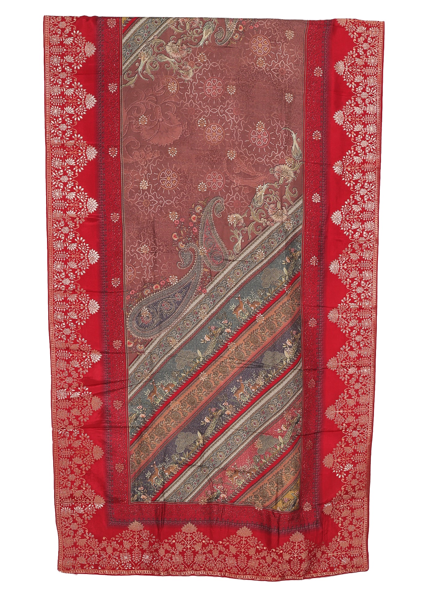 Brownish red brocade unstitched suit with intricate designs and rich embroidery.
