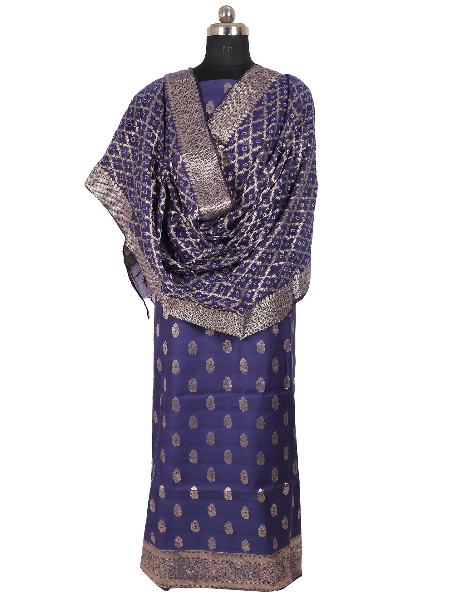 Banarasi Chanderi Cotton Unstitched Suit- 3 Piece (Royal Blue)