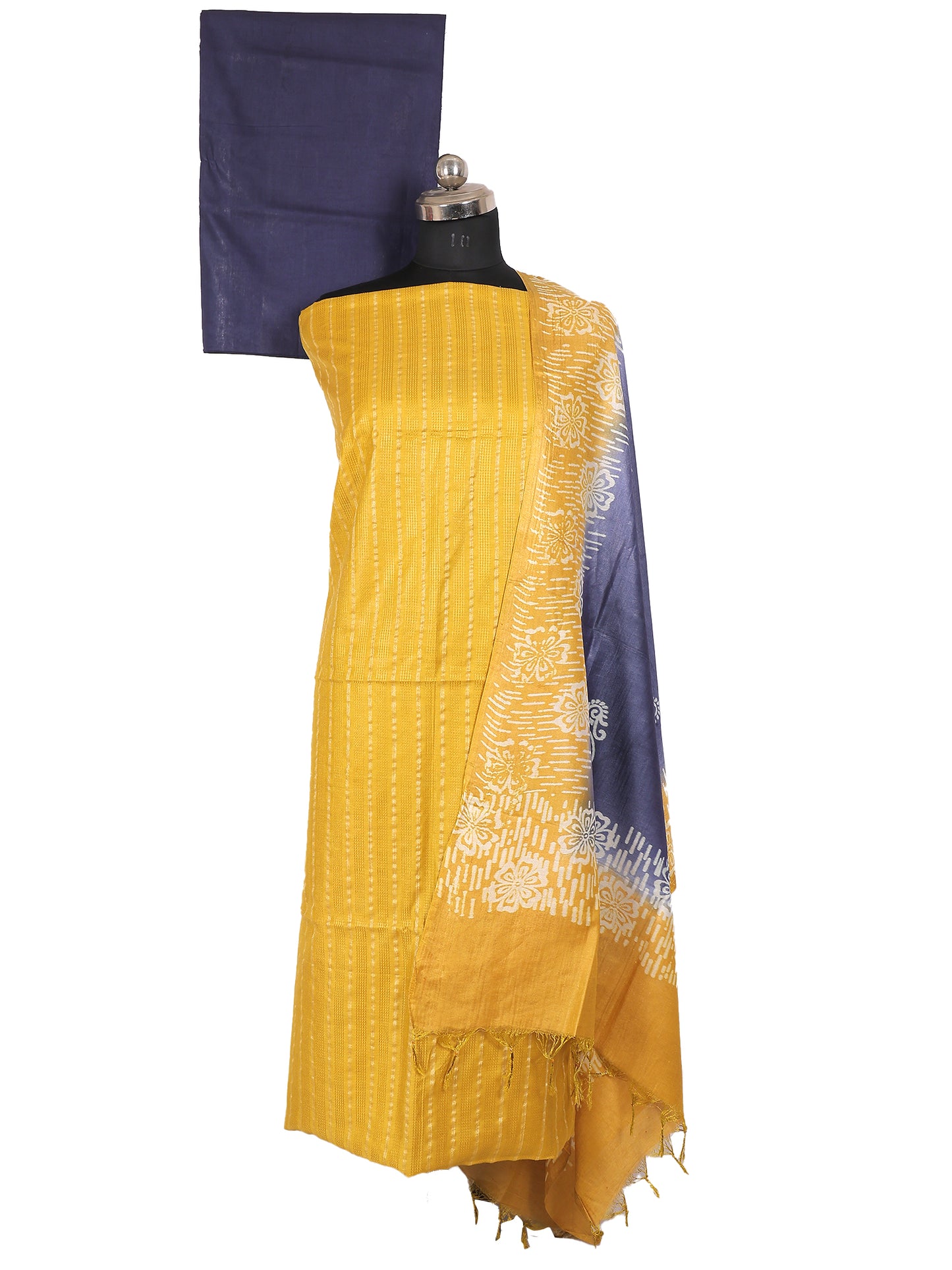 Unstitched slub cotton suit in vibrant mustard yellow and indigo blue, showcasing artisanal craftsmanship and elegance.