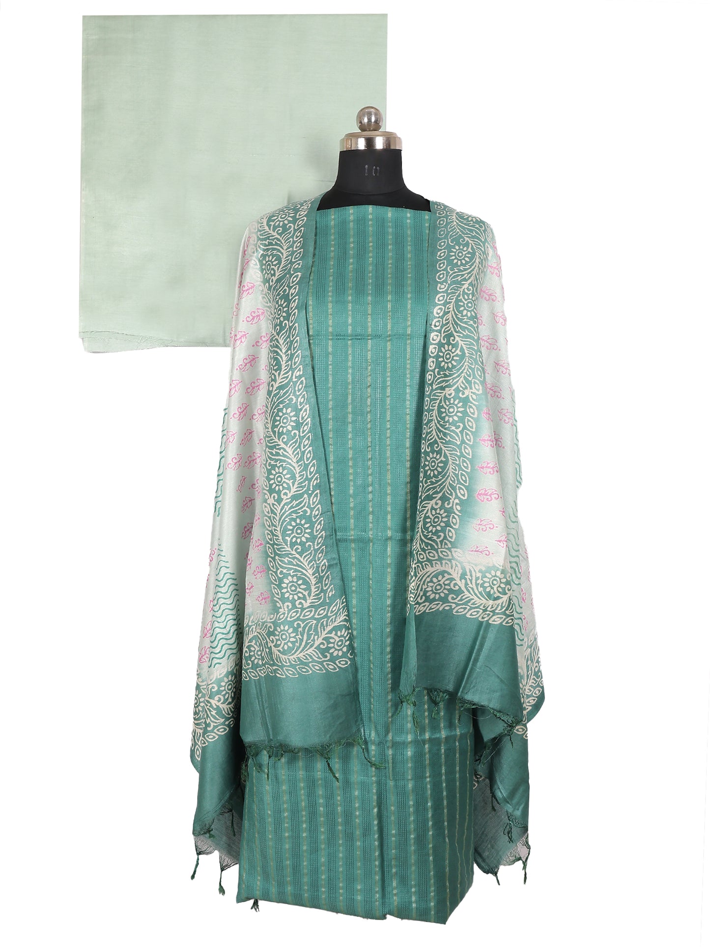 Unstitched slub cotton suit in dark green and light green, featuring elegant patterns and a stylish dupatta.